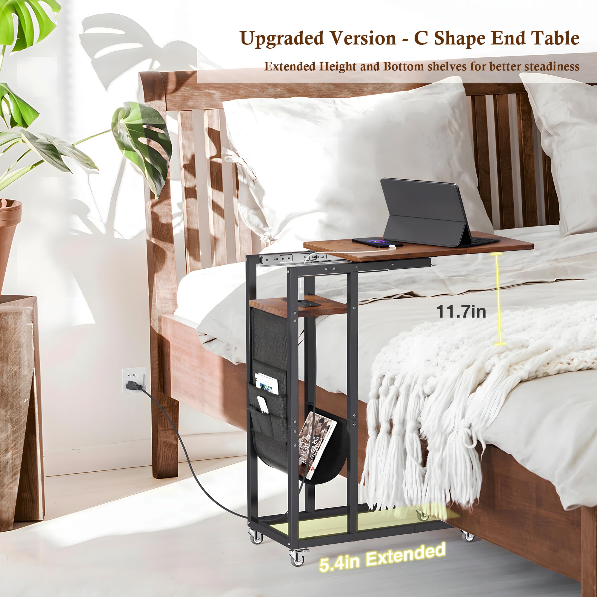 Colima C Shaped Slide Cover End Table with Charging Station, Narrow