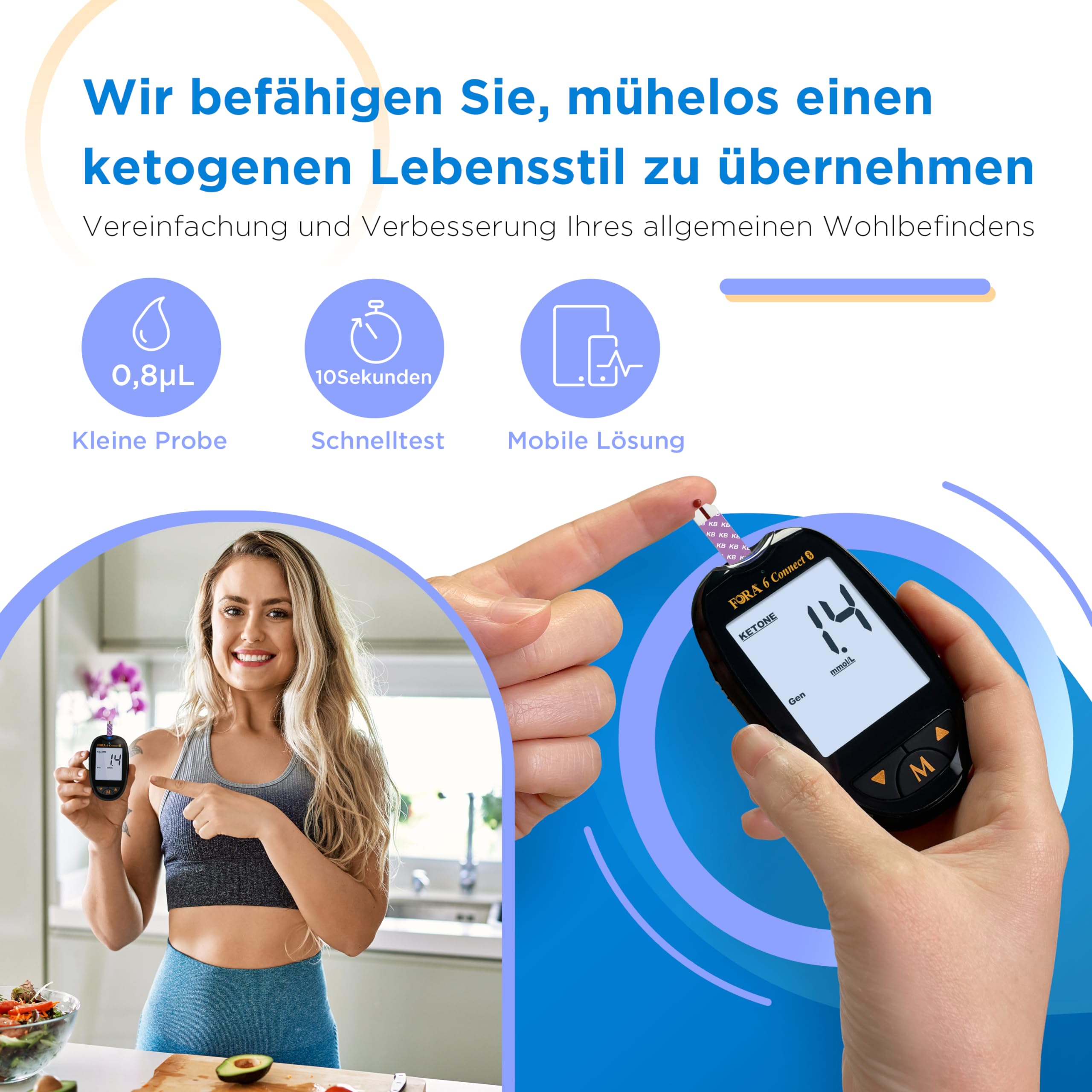 FORA 6 Connect-Multiparameter (mg/dl) und 10 Keton-Teststreifen. Mit Bluetooth und App.