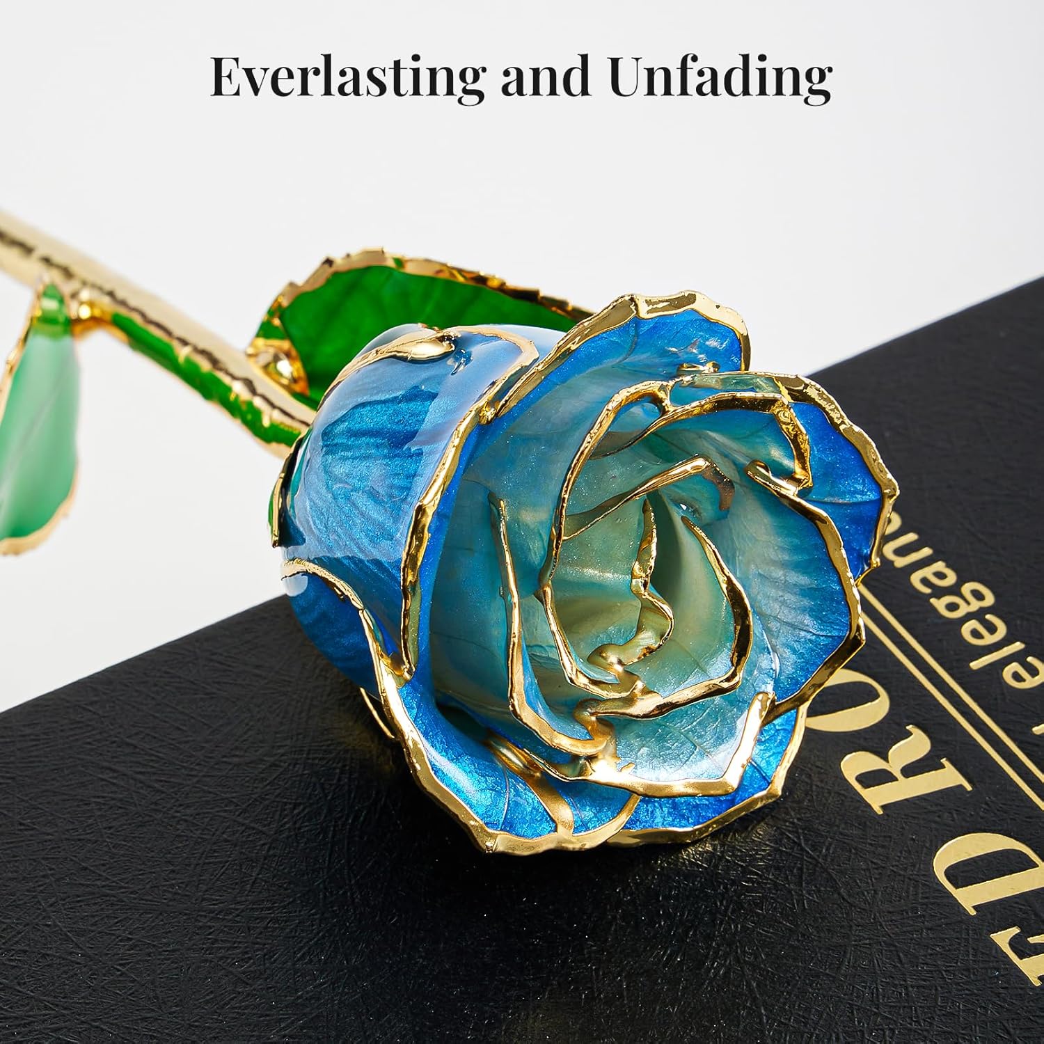 24K Gradient Blue Gold Dipped Realistic Rose Gift Set – Passionate Ombre Eternal Rose with Interlocking Acrylic Butterfly Display Base & Premium Book-Style Gift Box – Romantic Gift for Her