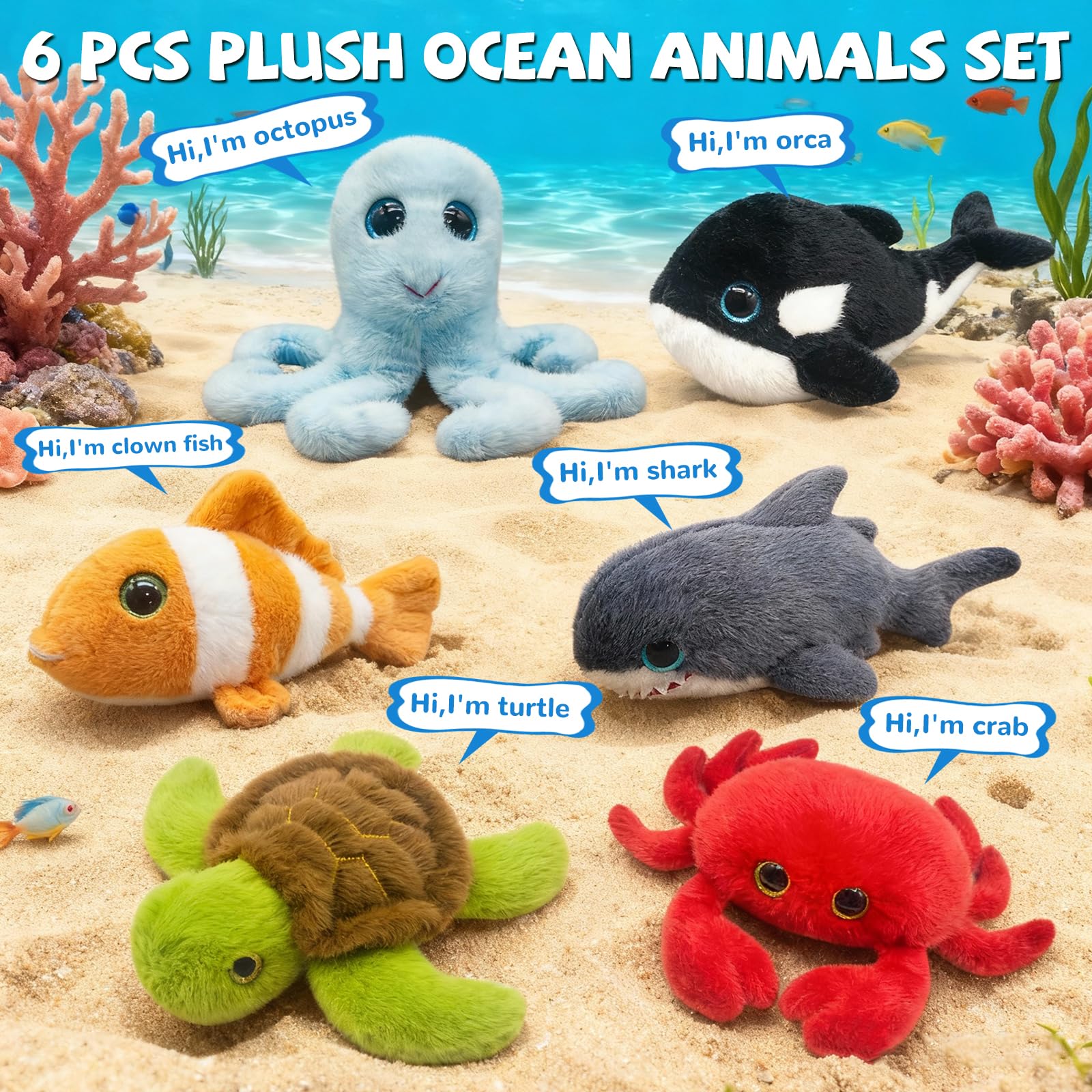 Mini Bambini Oceano Peluche Carino Bambini Oceano Pupazzo 6 Pezzi | Carino peluche bambini oceano, realistico & morbido, regali per compleanni e occasioni speciali per bambini, decorazione