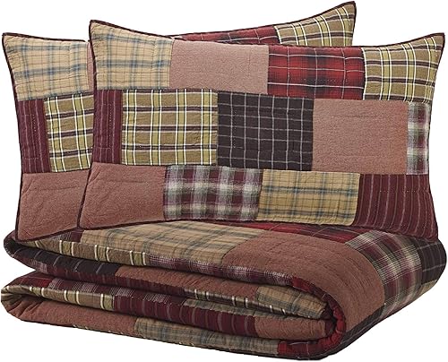 Miniatura 7 de VHC Brands Wyatt - Juego de funda de edredón rústica de algodón prelavado a cuadros, tamaño King, color marrón retazos