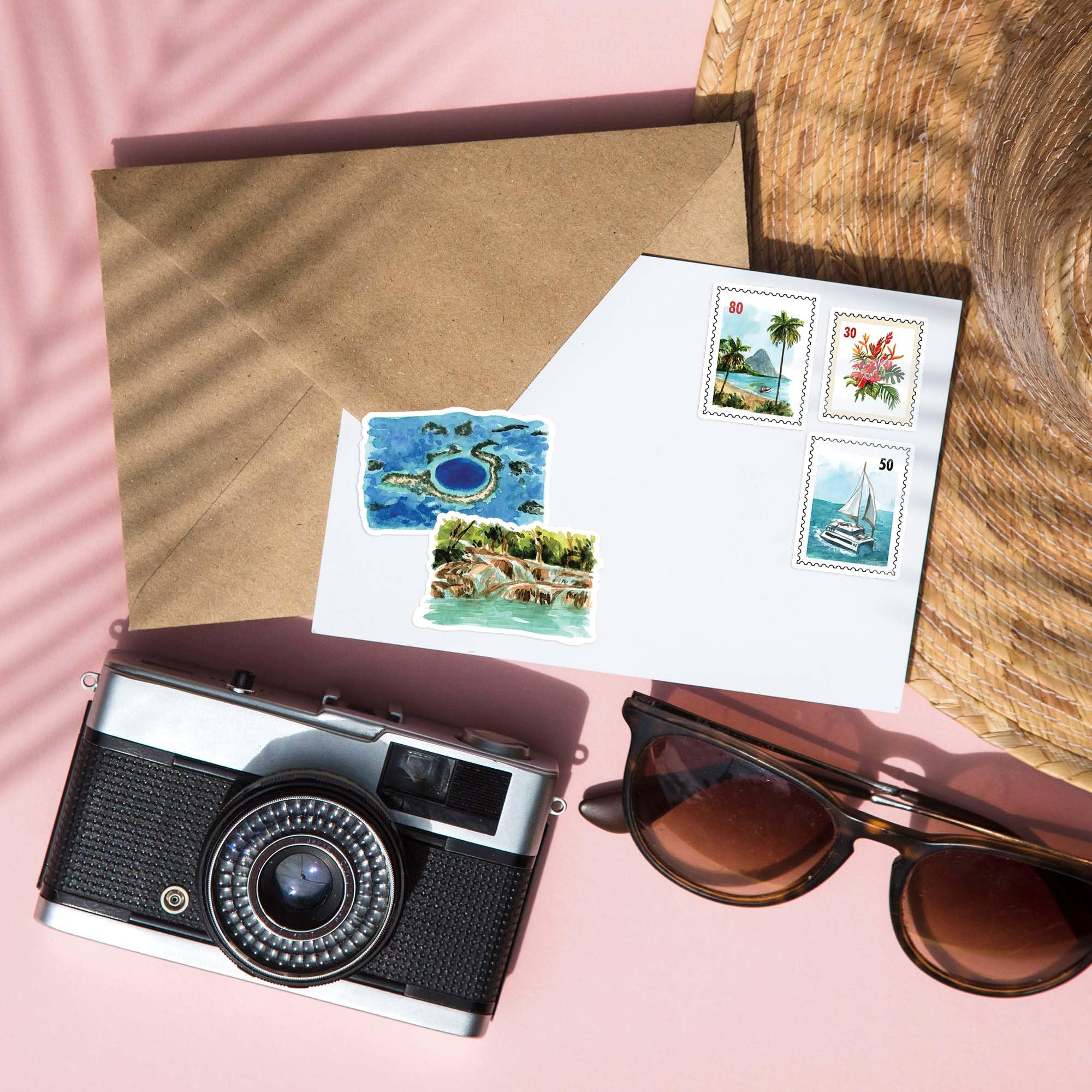 Navy Peony Caribbean Paradise Travel Stickers (31pcs) - Watercolor, Waterproof Tropical Cruise Decals for Journals, Scrapbooks, Water Bottle, Suitcase - Image 6