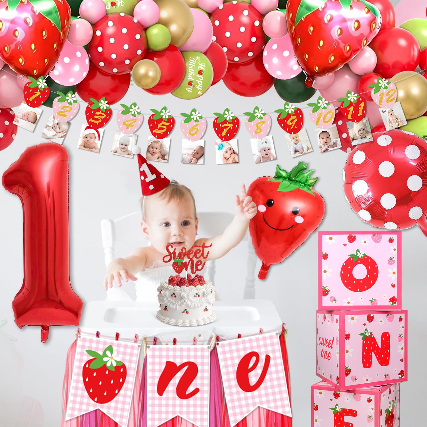 Deko 1. Geburtstag Mädchen, Luftballon Girlande Erdbeere, Erdbeere Themed Geburtstagdeko 1 Jahr, 84 Stück Geburtstagsdeko 1 Jahr Mädchen, für 1 Geburtstag Mädchen, Geburtstagsdeko Mädchen