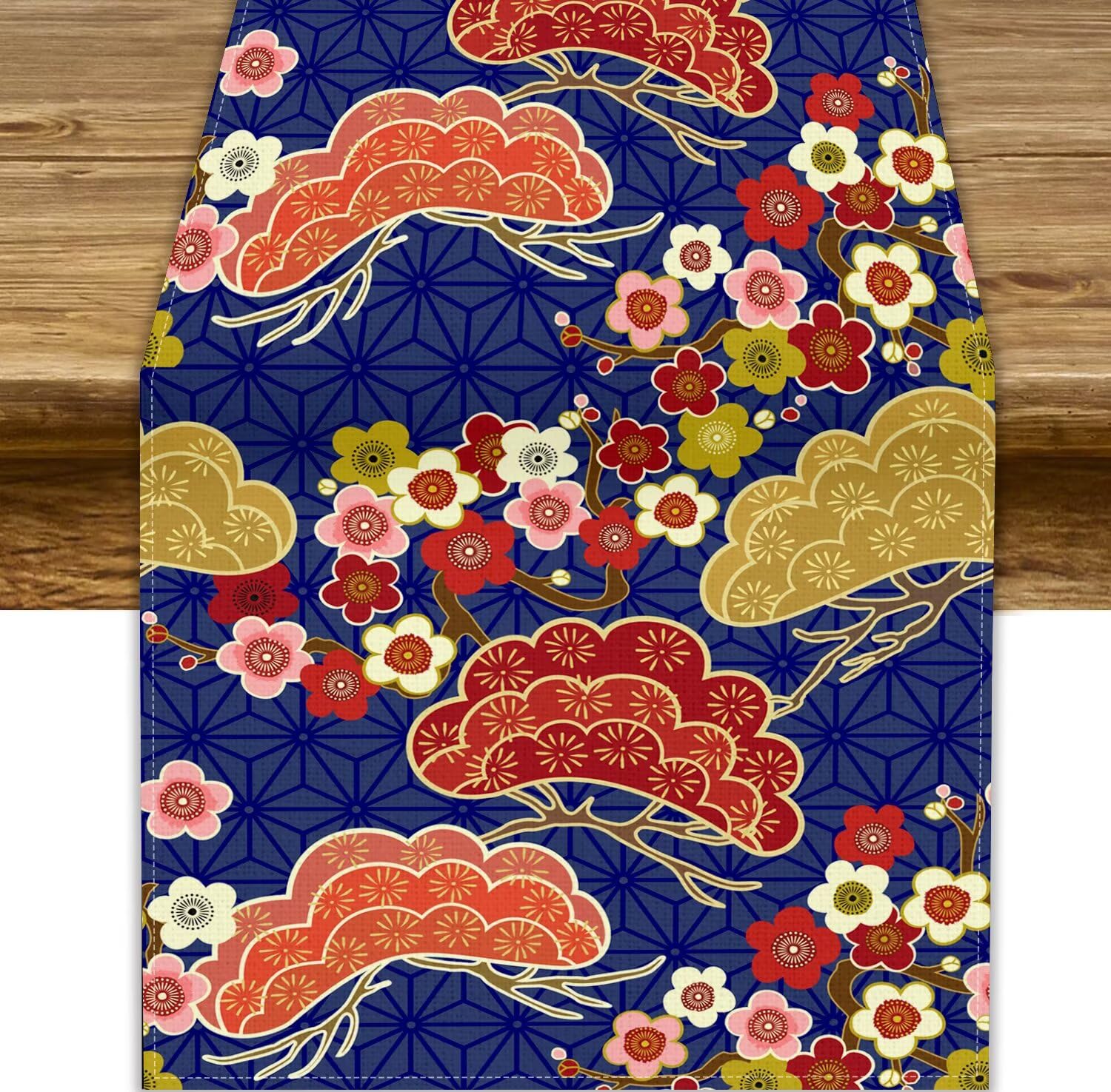Japanese Table Runner, Vintage Traditional Cherry Blossom Flower Table Runner for Home Kitchen Dining Table Wedding Party Decor 13x60in
