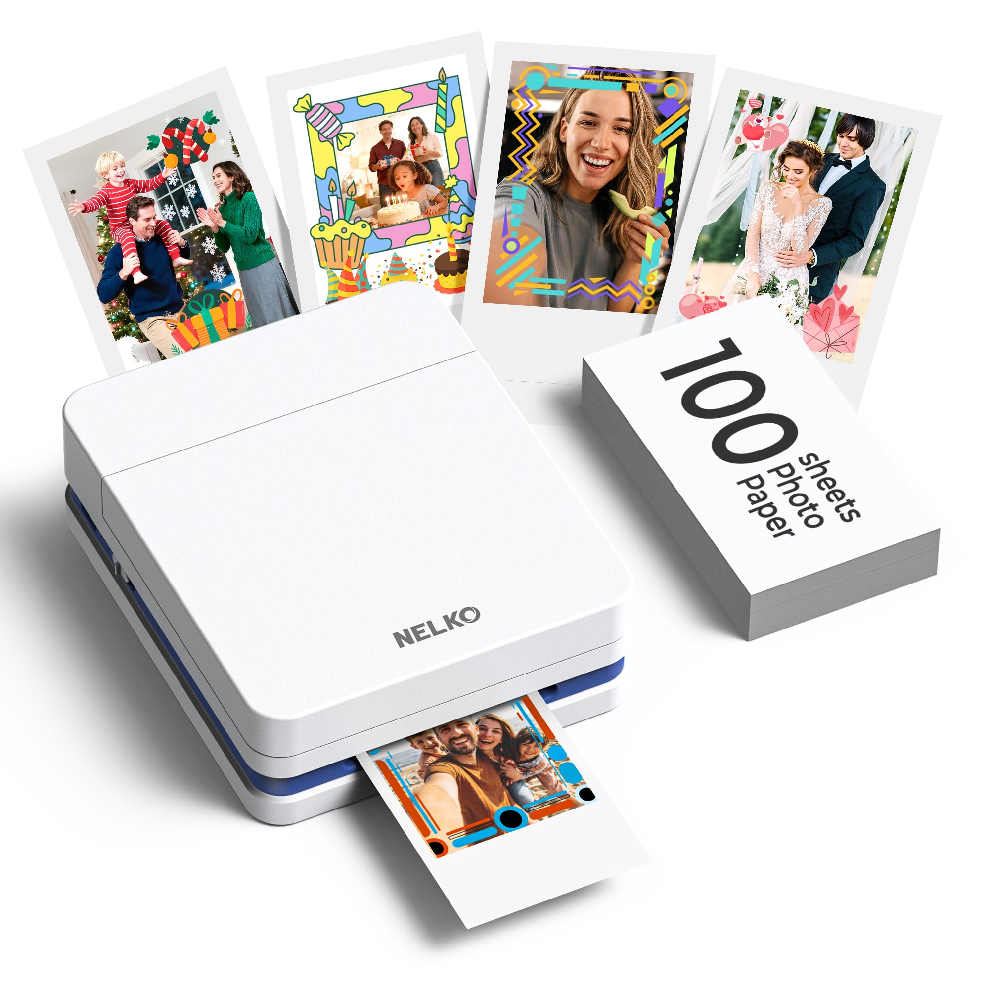 Nelko PP01 - Impresora fotográfica portátil con 100 hojas de papel y cartucho de tinta, impresión instantánea de fotos para iOS/Android, mini impresora de tamaño de bolsillo con aplicación de edición