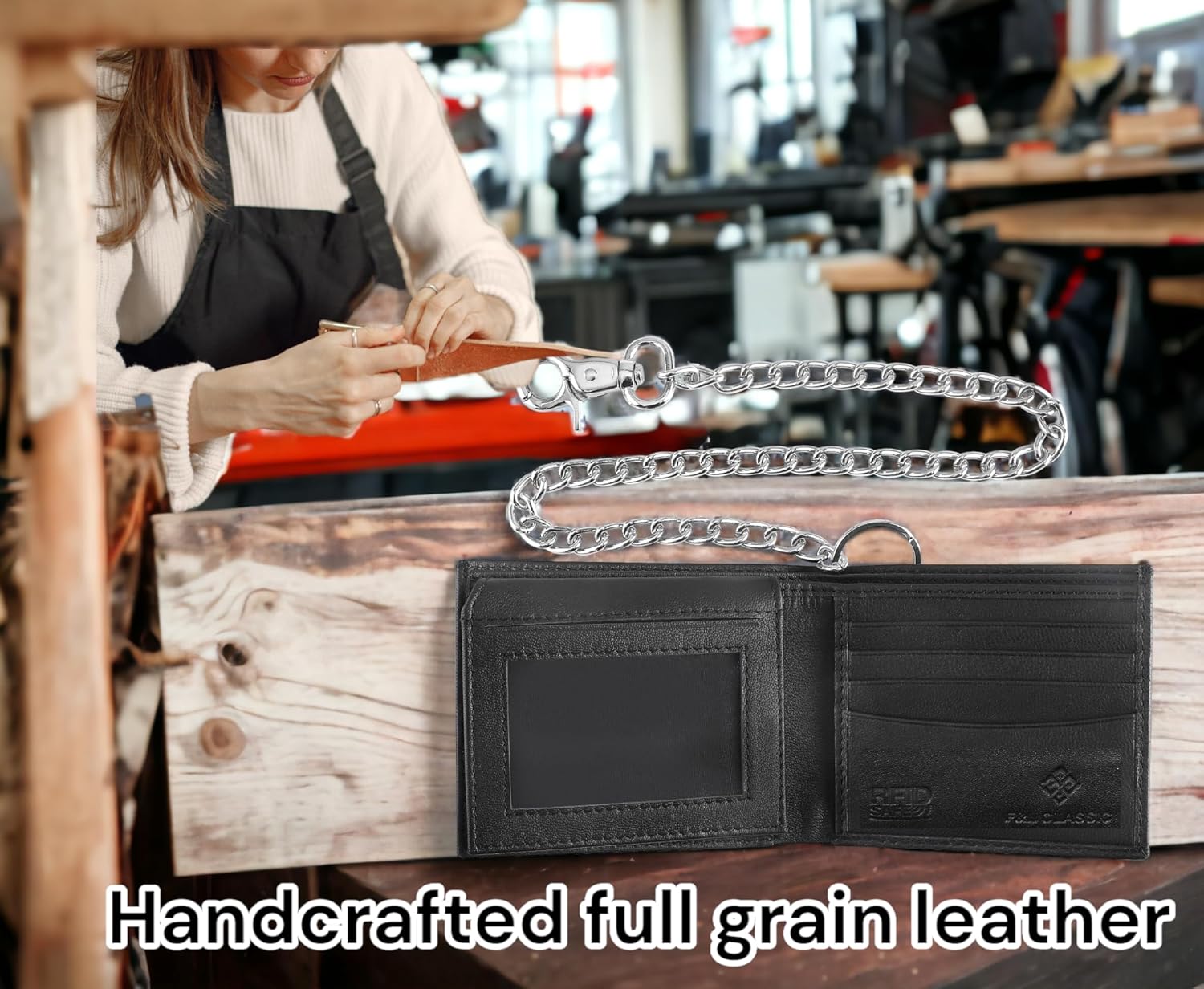 F&L CLASSIC RFID Blocking Mens bi-fold Style Cowhide Leather Steel Chain Wallet, texas black - Image 5