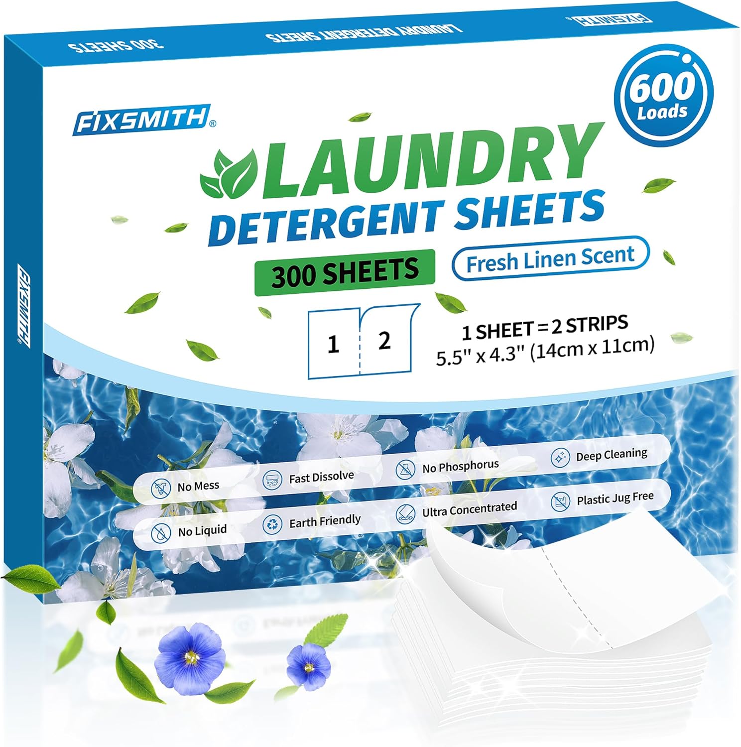 FIXSMITH Laundry Detergent Sheets - 600 Loads (300 Sheets) Fresh Linen Scent - Hypoallergenic,Eco Friendly Laundry Detergent Strips Ultra-Concentrated Travel Detergent Sheets.Plastic-Free,Liquidless.
