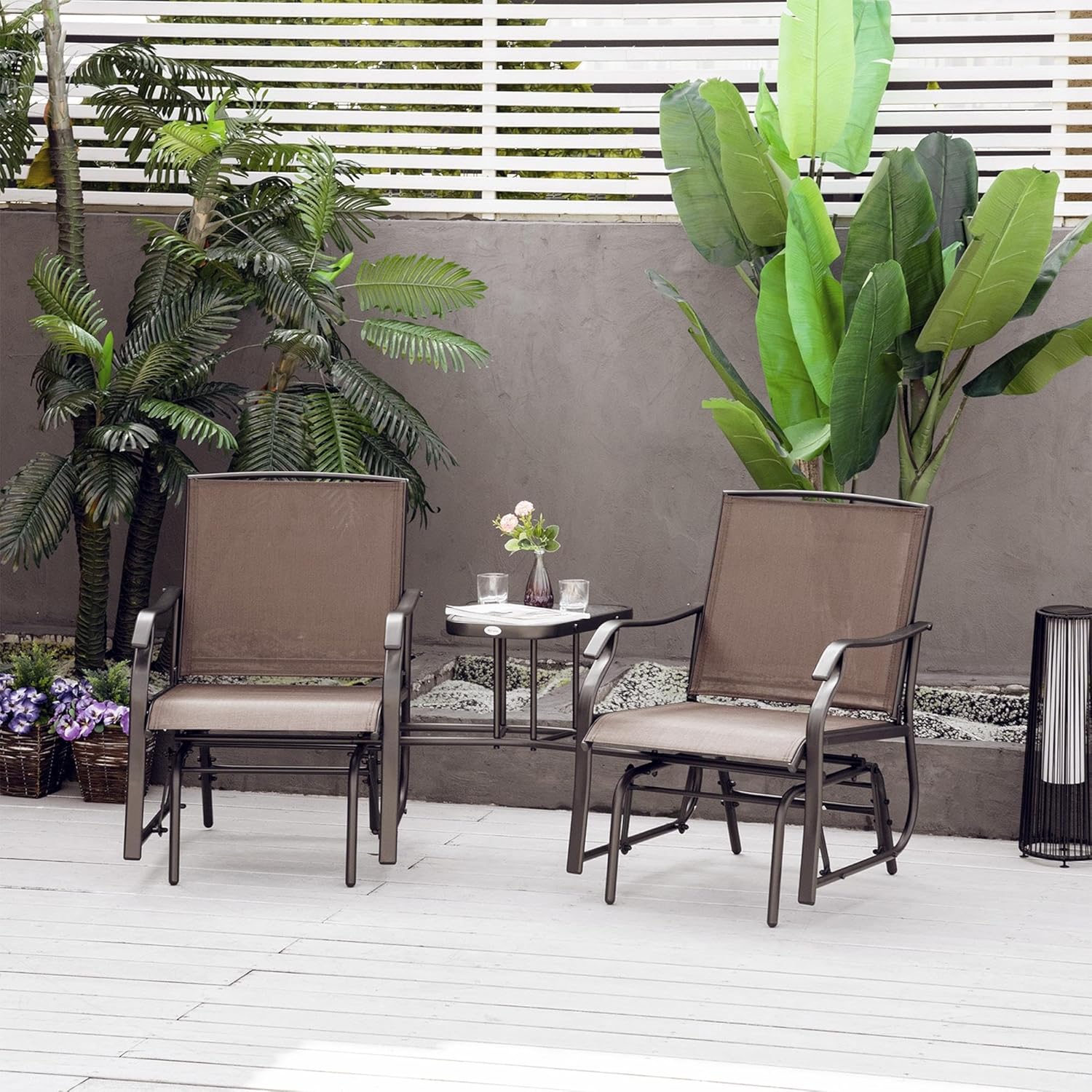 Brown Steel Double Glider Chairs with Center Table