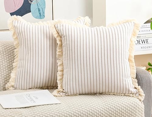 Juego de 2 fundas de almohada bohemias de color caqui de 22 x 22 pulgadas, almohada neutra de algodón con flecos de borlas, funda de cojín