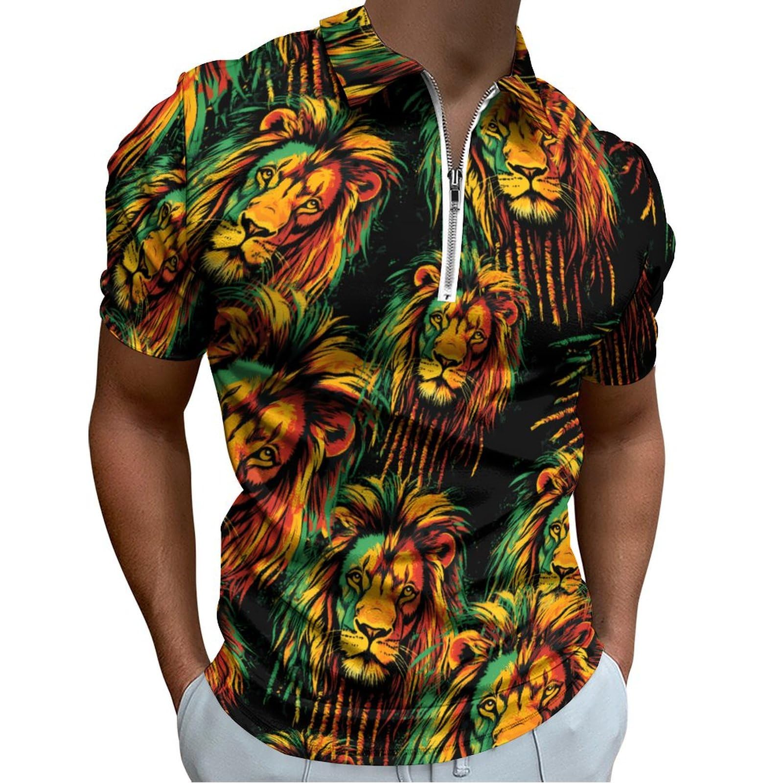 Peiyeety Men's As Pic Rasta Lion Jamaican Golf Shirts For Short Sleeve Poloshirt Collared Casual Tees