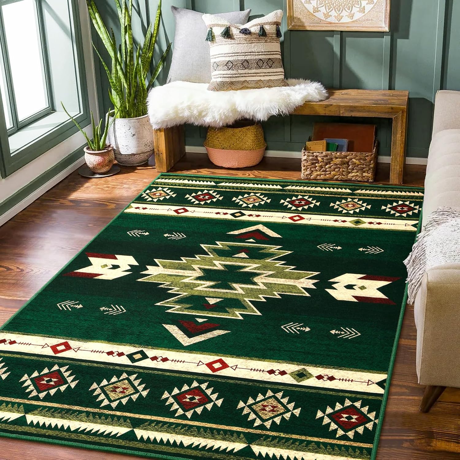 Western Rugs for Living Room Bedroom Non Slip, Aesthetic Home Decor for Dining Table Kitchen Porch Nursery, Washable Throw Rugs with Rubber Backing, 3ft x 5ft, Green