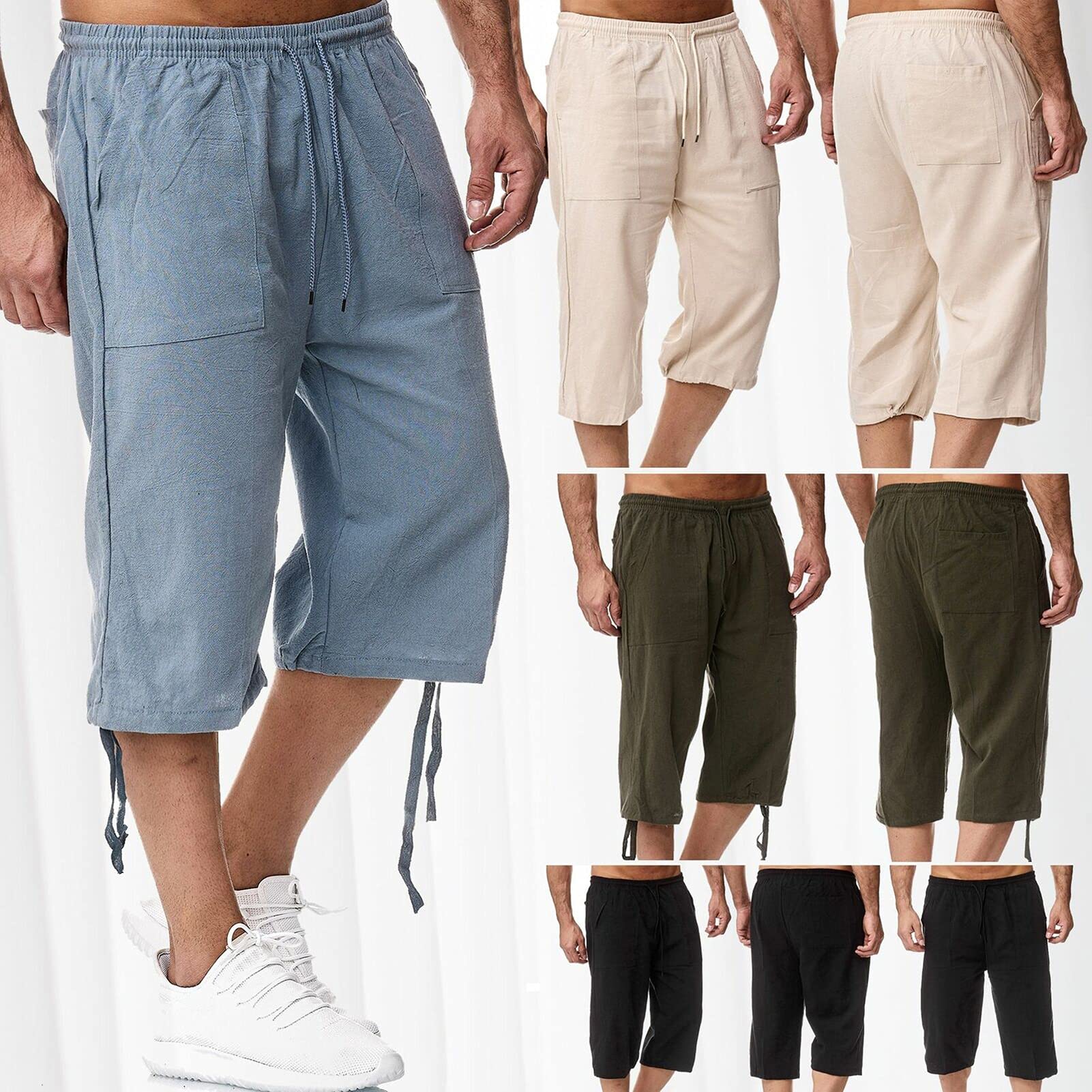 Remxi Uomo Lino Pantaloncini Shorts da Pantaloni Uomo 3/4 Cotone Lino Pantaloni Uomo Estate Vita Elastica La Spiaggia