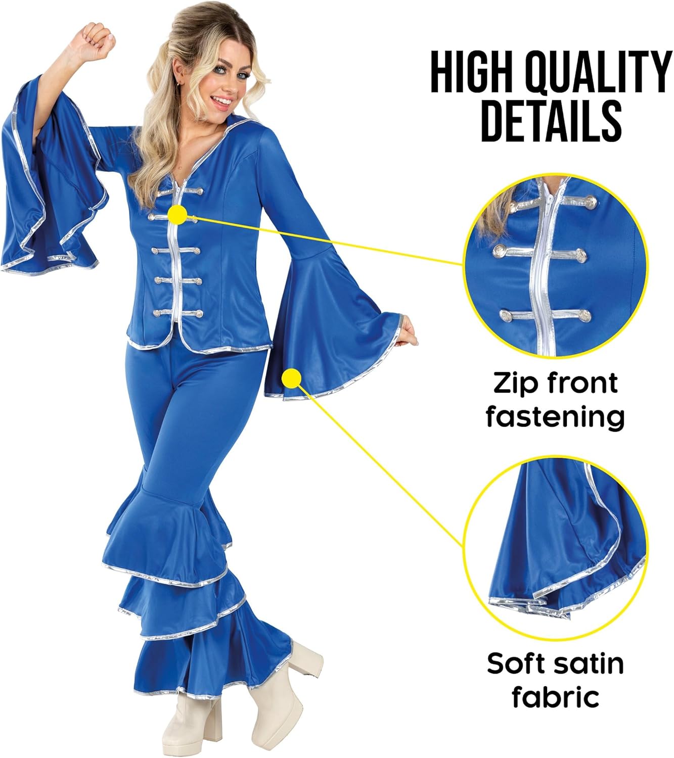 fun shack 70 Disco Costume for Women Blue Flares, Disco Queen Jumpsuit, Retro Dance Outfit for Parties - Image 3
