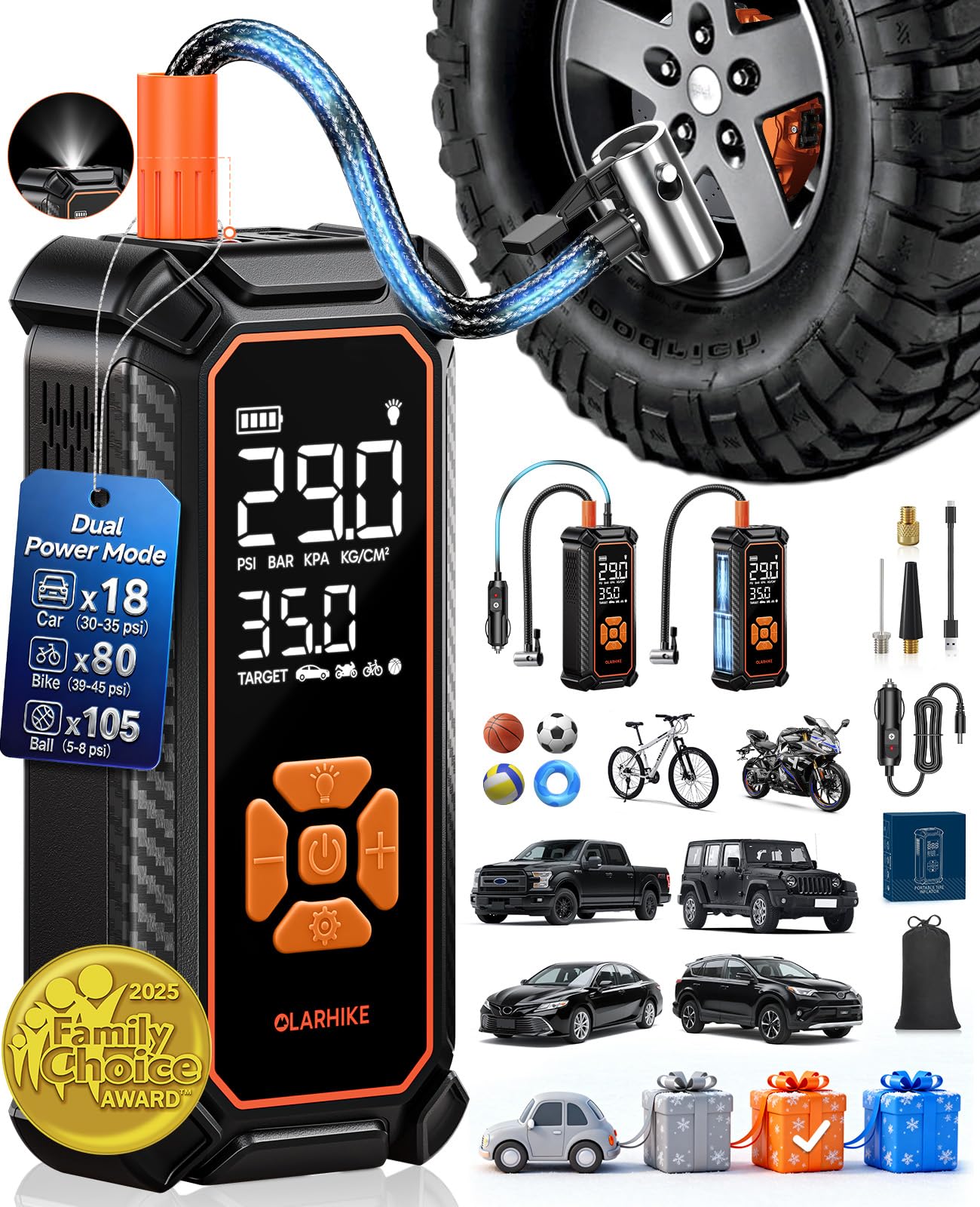 OlarHike Cordless Tire Inflator Portable Air Compressor 150PSI Dual Power - 6000mAh 12V DC Air Pump for Car