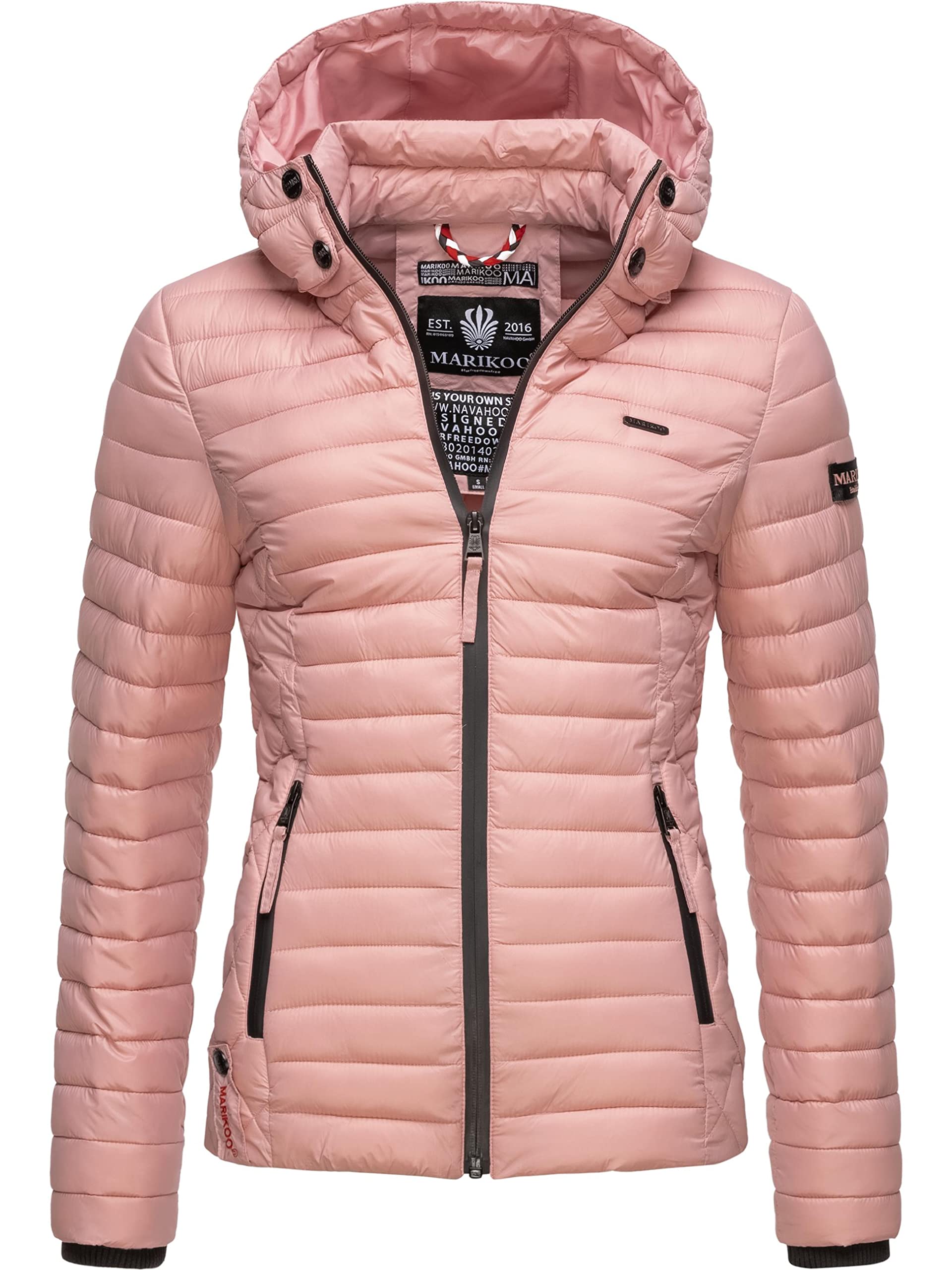 MARIKOO leichte Damen Übergangsjacke kurz mitteldick gefütterte Steppjacke mit Kapuze Samtpfote Powder Rose Gr. S