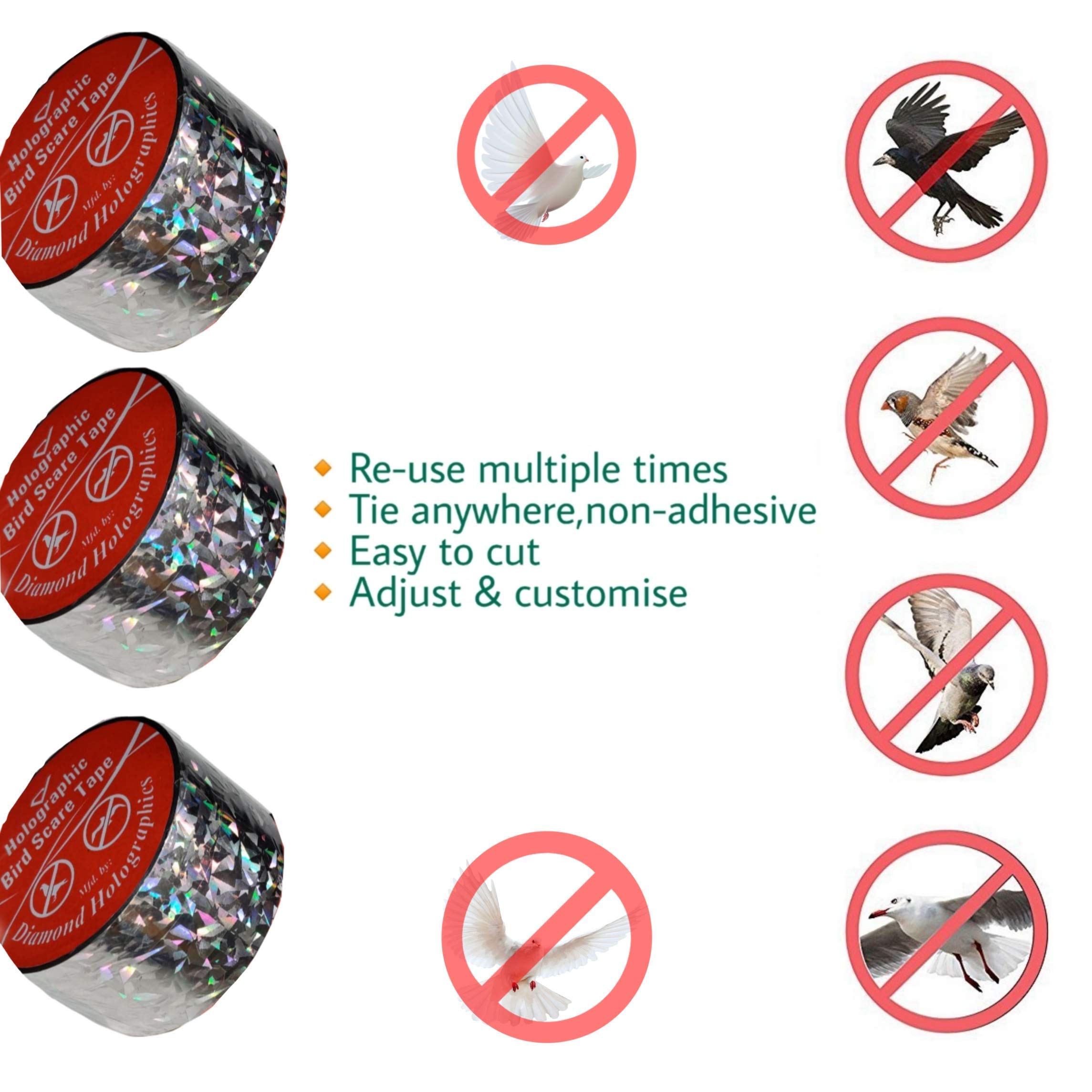 DiamondHolo Bird Scare Tape, Anti Bird, Length 150 Feet, Silver, 3 Roll 50mm Width (B08HM8QGPJ) Amazon Price History, Amazon Price Tracker