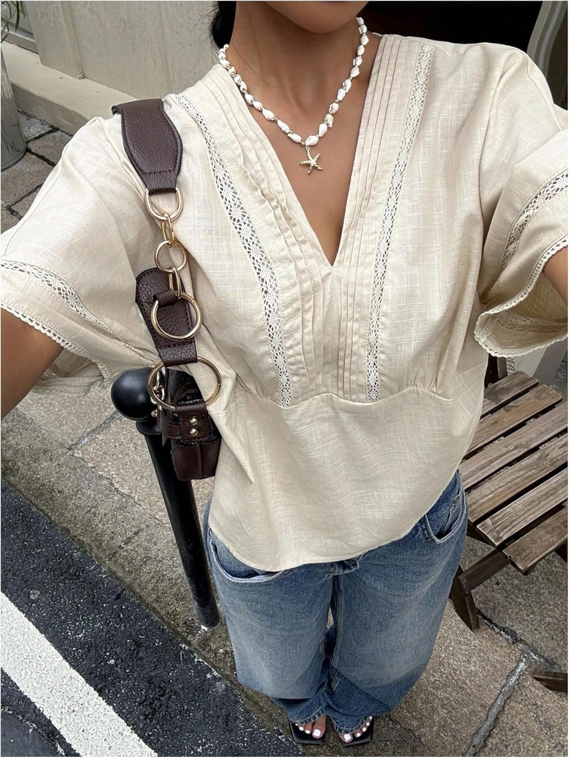 GORGLITTER Women's Boho Peasant Blouses Lace V Neck Cinched Waist Tops 3/4 Sleeve Embroidered Shirts - Image 4