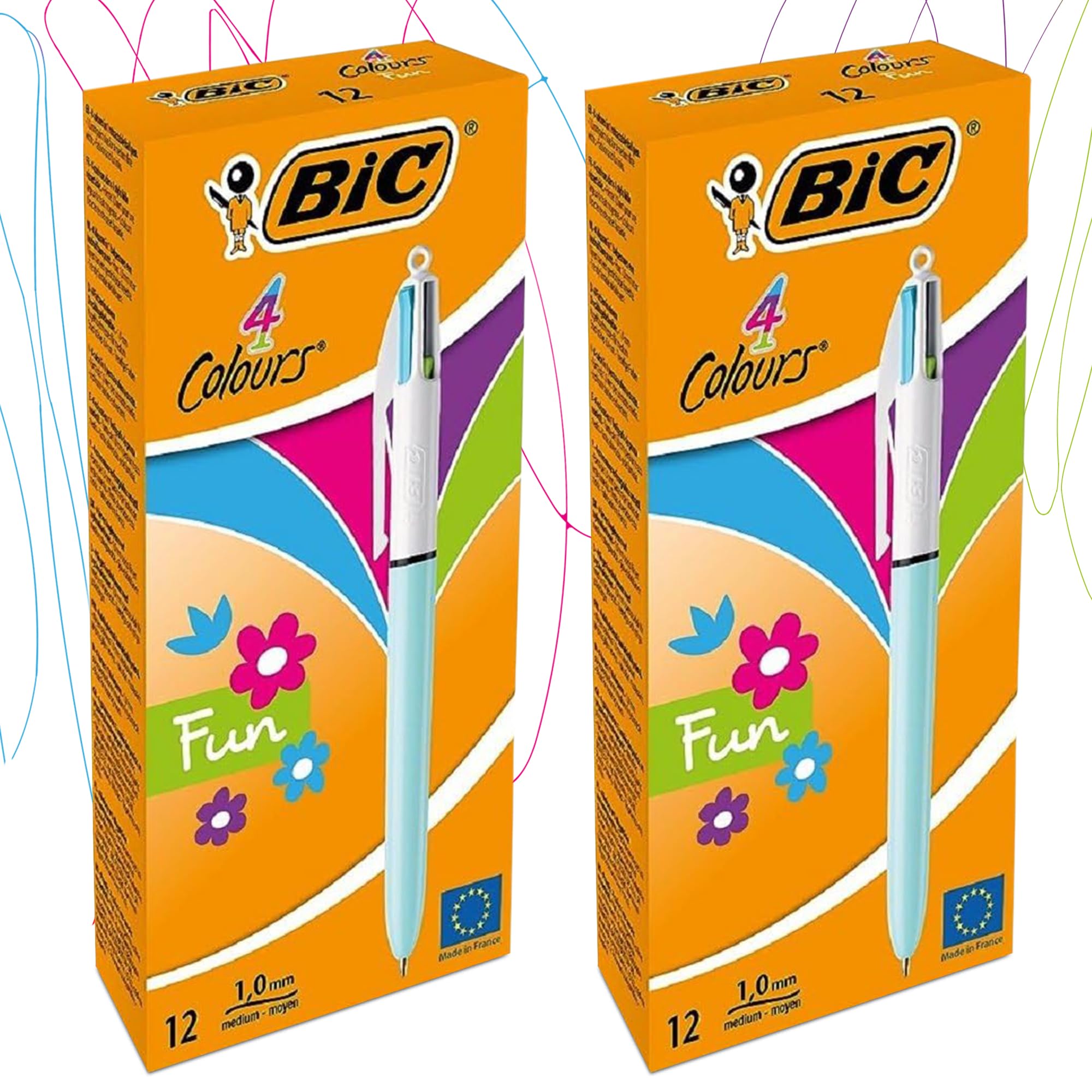 BIC Lot de 24 stylos amusants 4 couleurs avec corps en plastique de 1 mm, quatre couleurs d'encre en un pour écriture lisse, stylo multi-stylos 4 en un avec trou de clip et cordon pour étudiants et