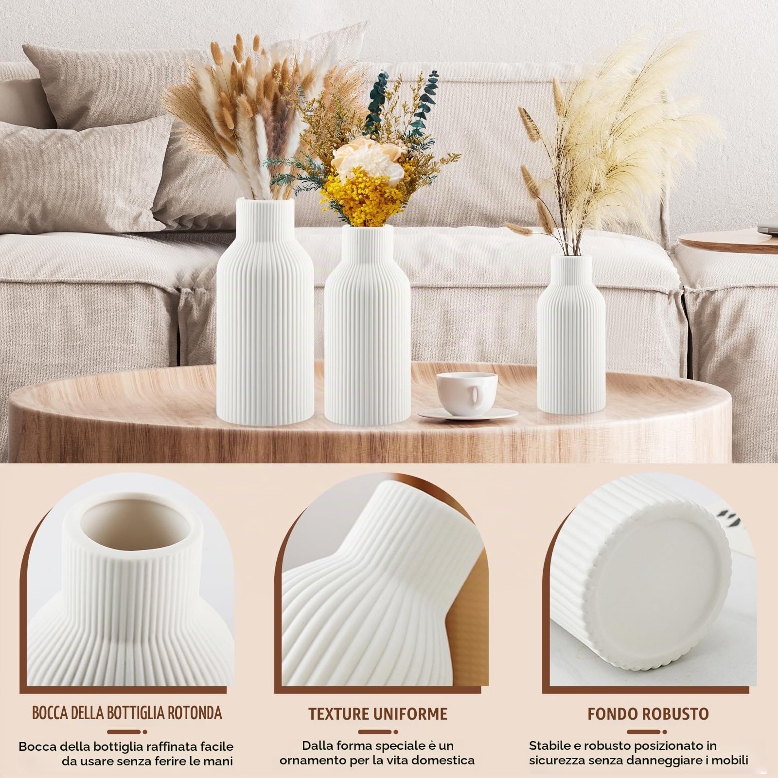 Vaso Fiori FoiiLiio Vaso Bianco in Ceramica Set di 3 (Grande+Media+Piccola) Vasi Decorativi Interno Moderni per Erba Pampa, Fiori Freschi, Fiori Secchi