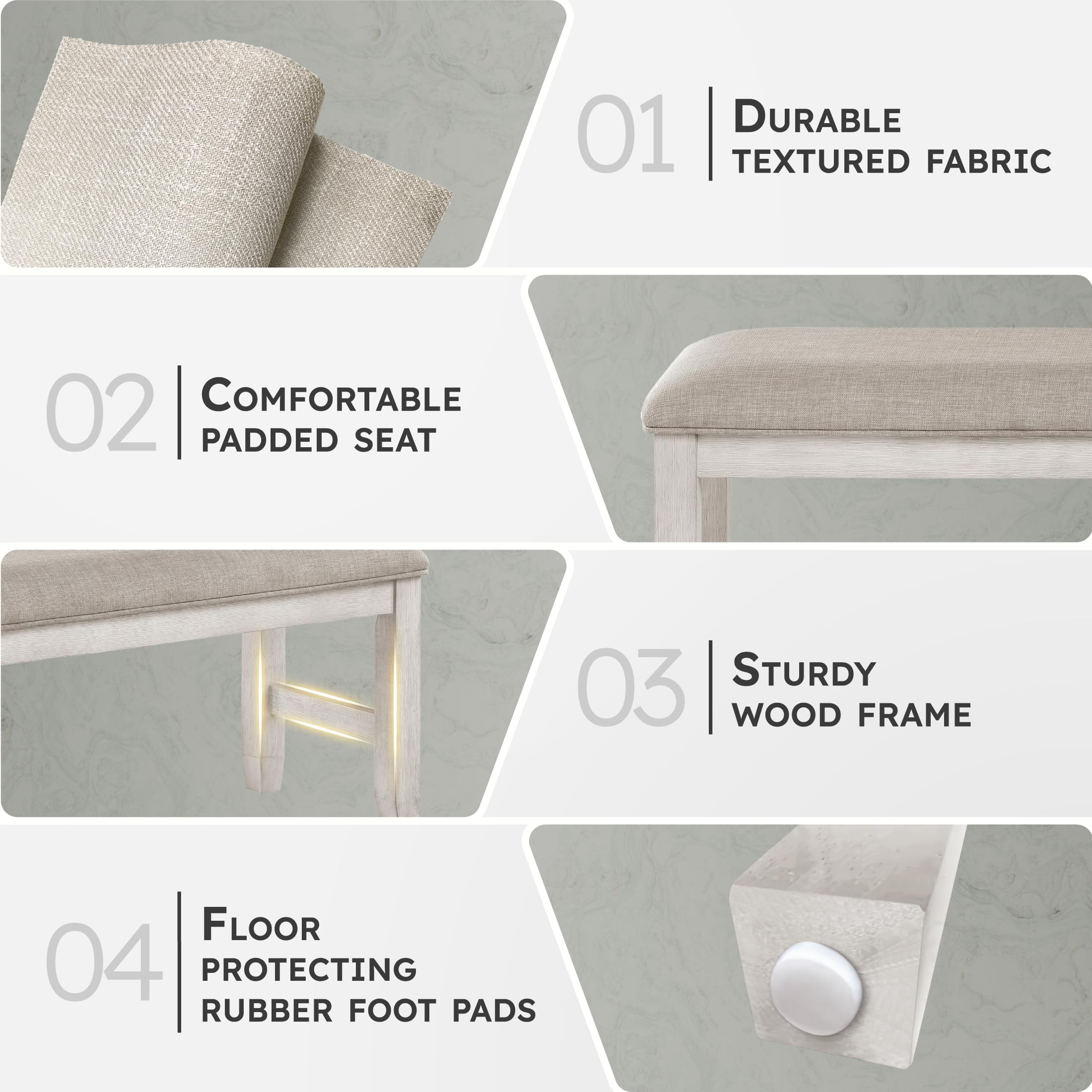 Lexicon Dining Bench, Wood Frame Gray Fabric Padded Seat, Antique White | Entryway Bench, Light Gray Textured Fabric Upholstered Dining Seat for Kitchen/Living Room