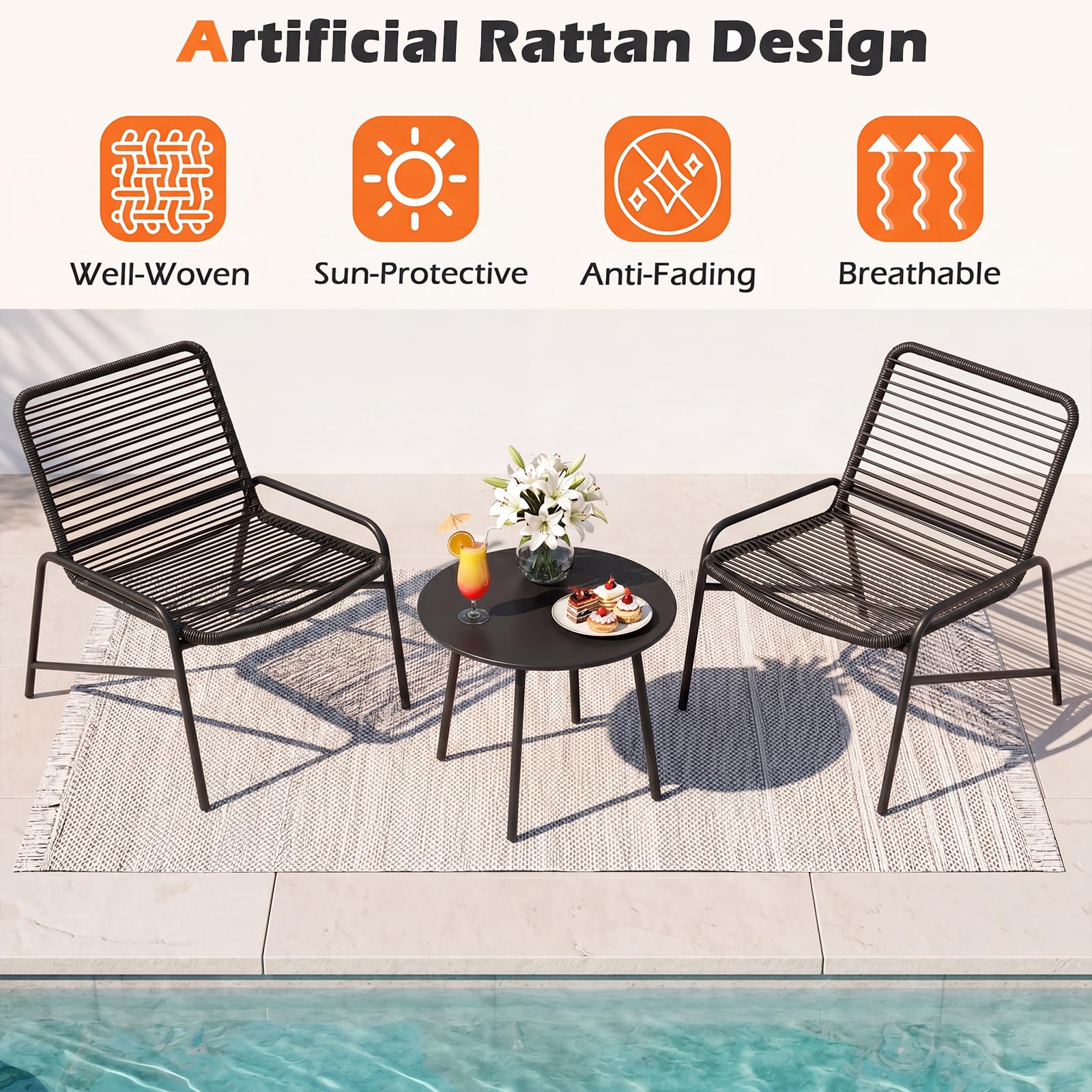 RELAX4LIFE Set di mobili da giardino in rattan, 3 pezzi, con tavolino rotondo e 2 poltrone in vimini, sedie da pranzo in metallo, per patio, veranda, salotto, cortile, piscina