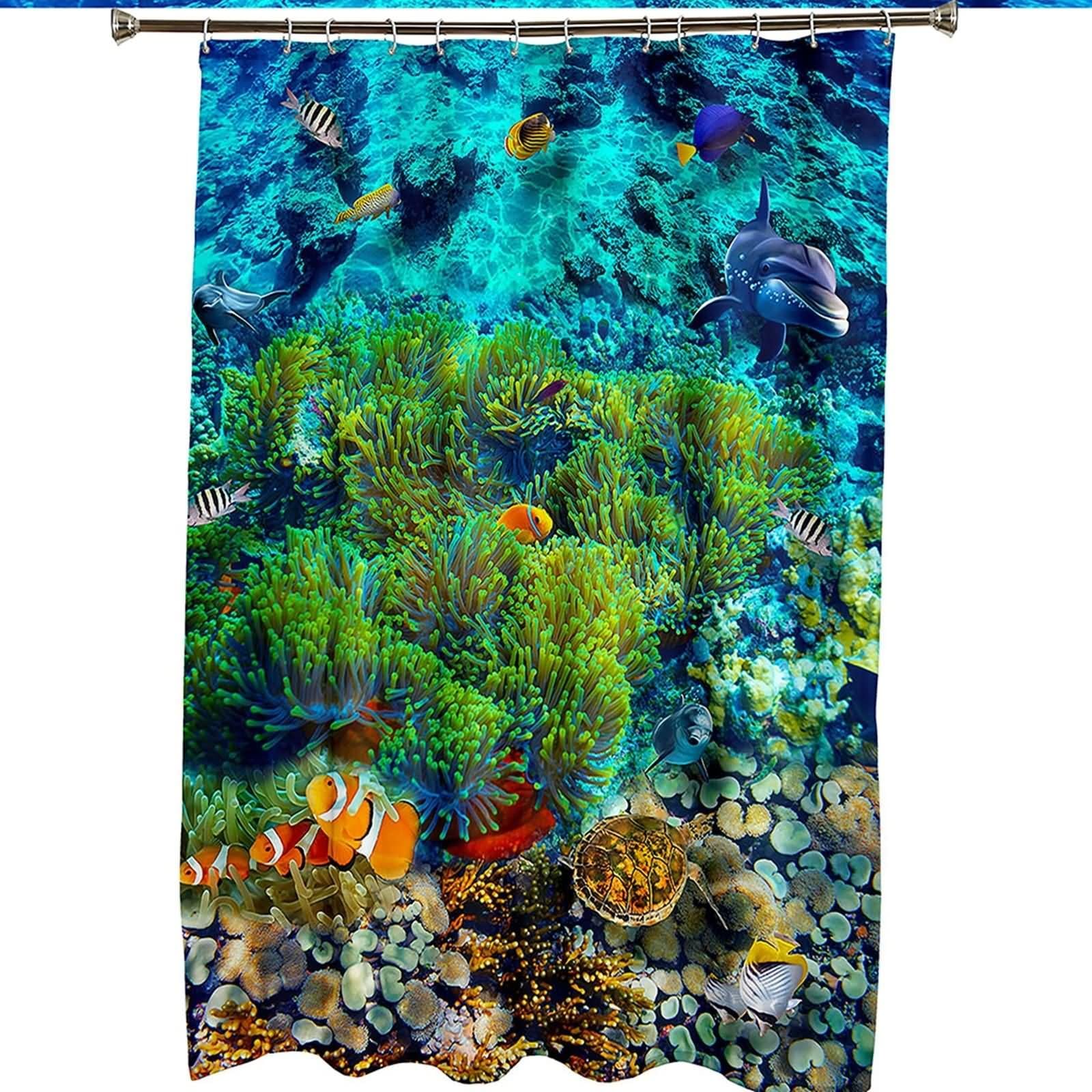 Cortina de ducha resistente, juego de cortina de ducha para bañera de coral, tortuga, peces, verde, naranja, poliéster, 72 x 72 pulgadas