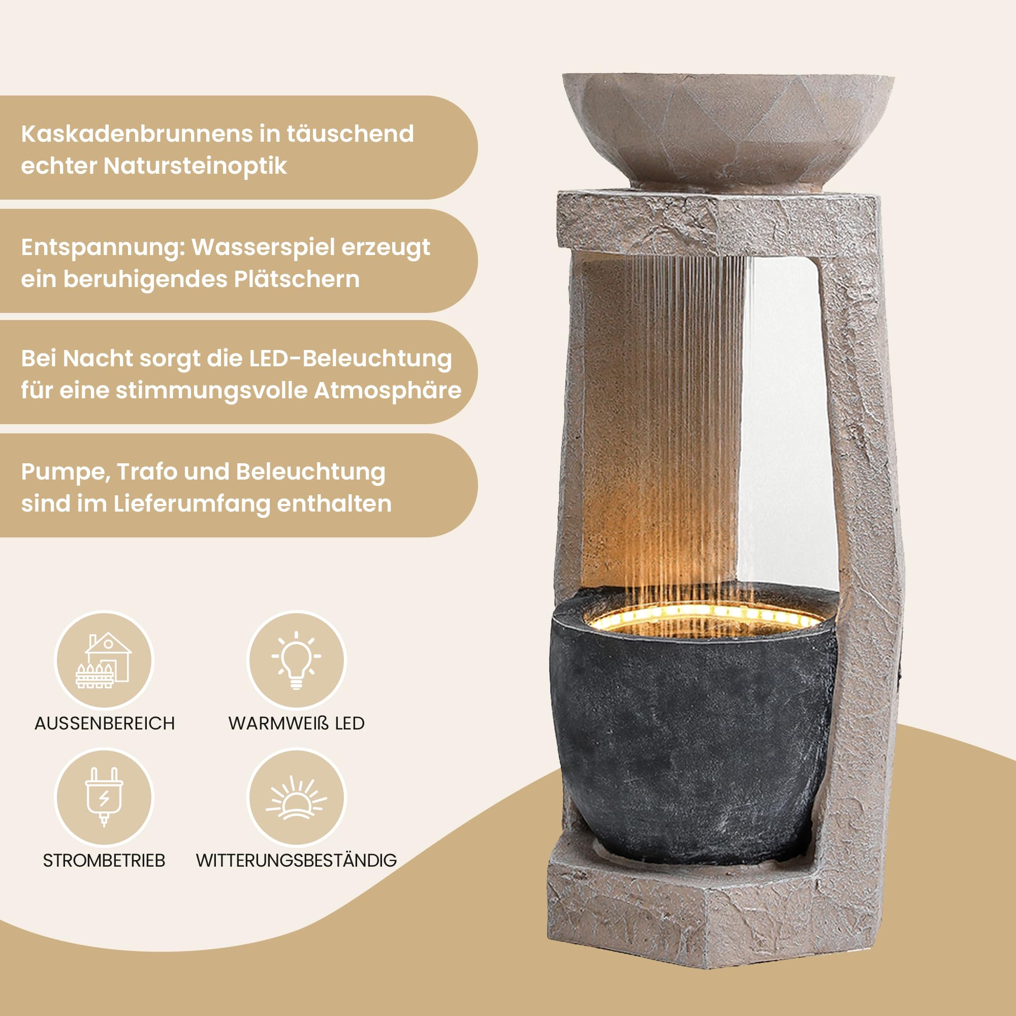 Gartenbrunnen, Brunnen Garten, Gartenbrunnen für Außen, Zimmerbrunnen mit LED-Beleuchtung, Wasserpumpe, Kunststein-Außenverkleidung & Zierbecken, für Garten, Terrasse (Beige)
