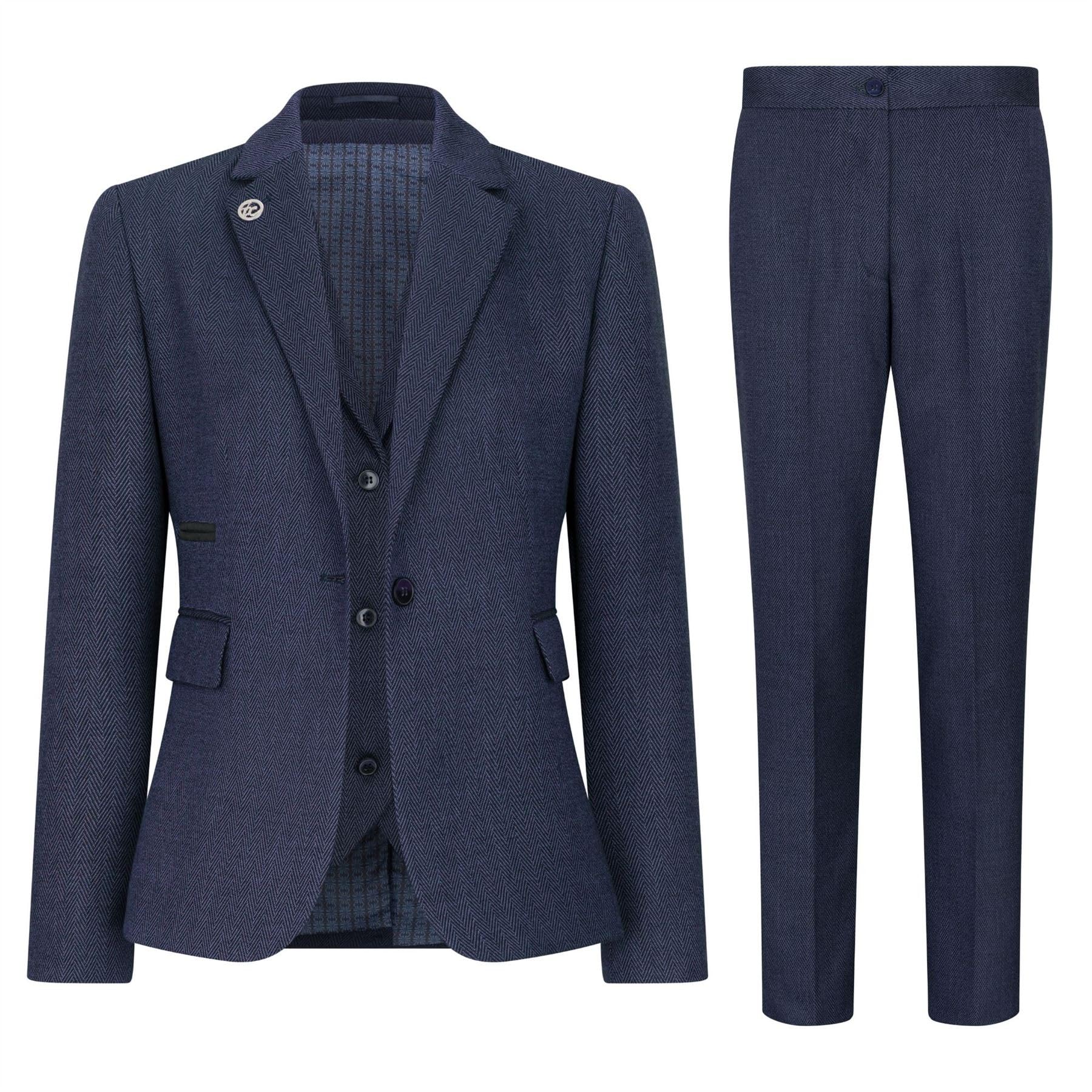 Women's 3 Piece Tweed Suit Navy Herringbone Pattern Tailored Fit Business Formal Ladies Dress - Navy 18
