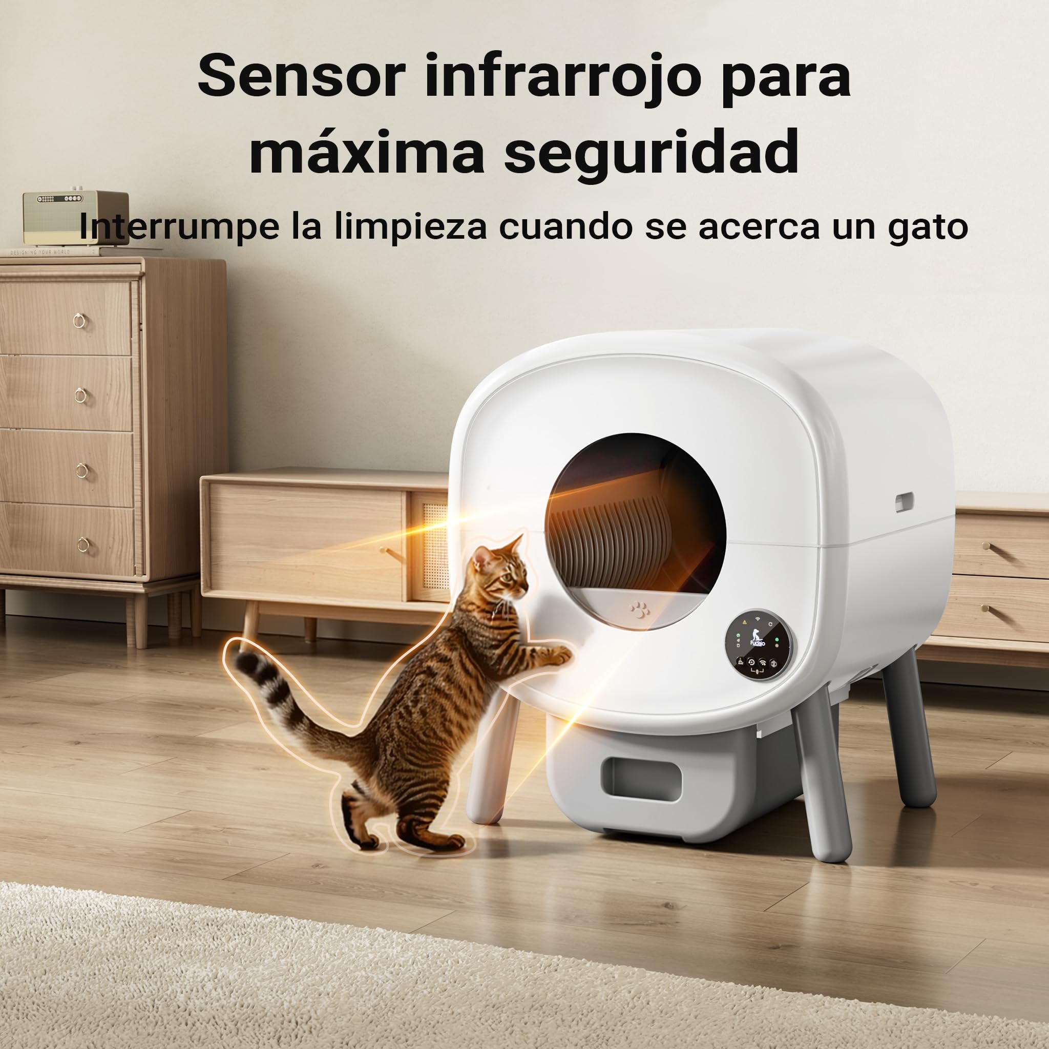 Fudajo Arenero autolimpiable para Gatos controlable por App, con Puerto USB y Mecanismo de Seguridad avanzado, Espacio Interior de 76 litros y Cubo de recolección de 13 litros, diseño Moderno