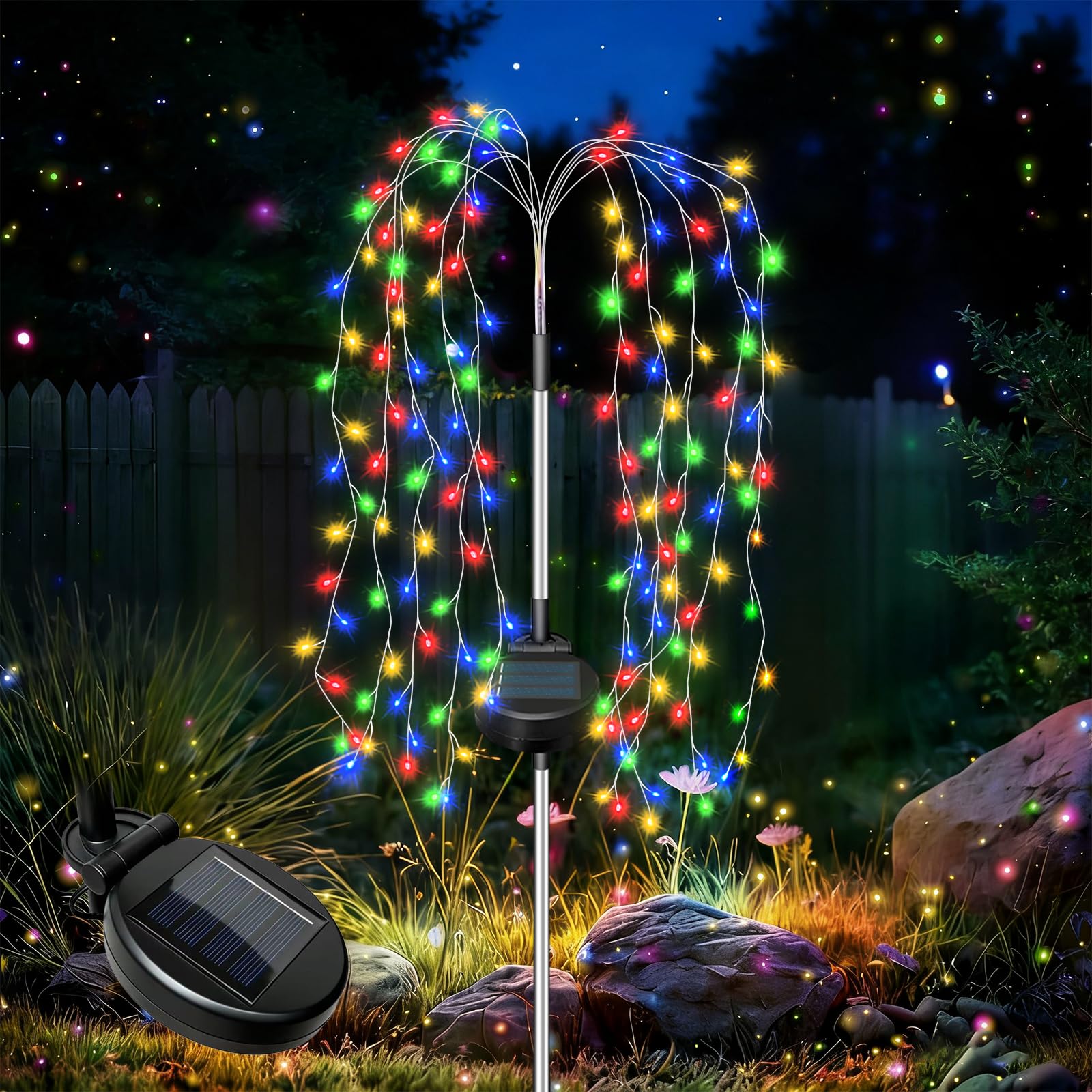 TOTHDATE Outdoor Solar Willow Tree Lights, RGBY Light 200 LED Firework Stake Lights, 8 Modes, IP55 Waterproof Fairy Solar Lights for Garden Yard Party Decor