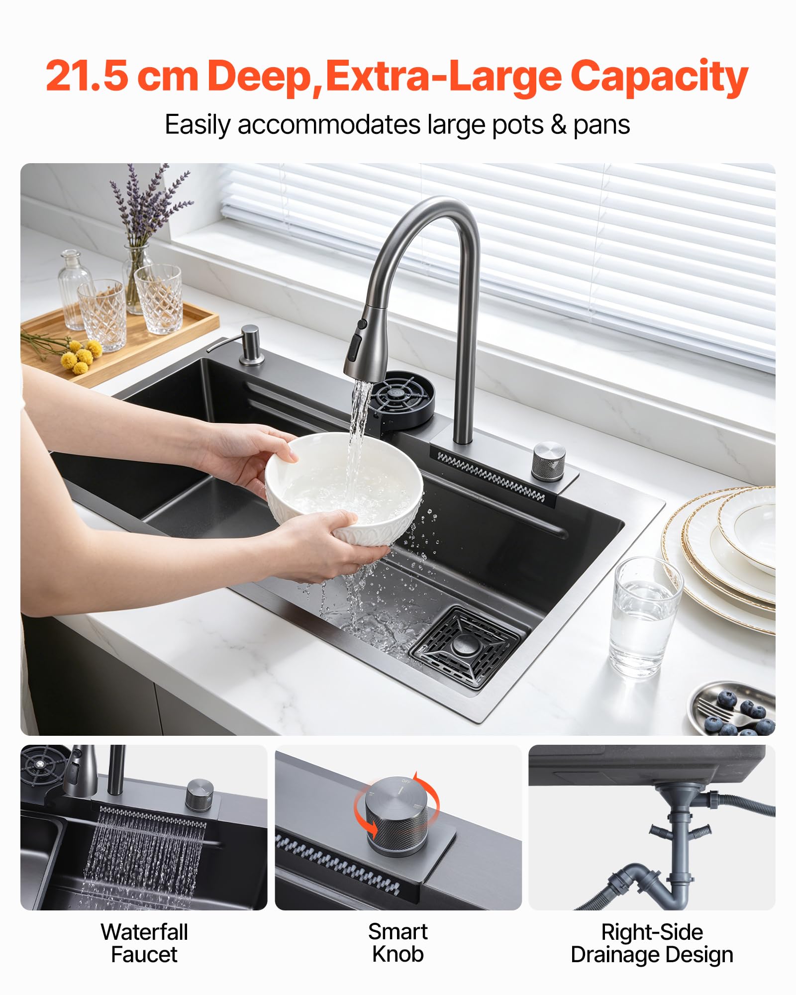 VEVOR Fregadero Sobre Encimera 850 x 460 x 236 mm, Fregadero de Cocina Empotrable de Acero Inoxidable, Esquinas Redondeadas, para Lavavajillas Domésticos, Cocinas Auxiliares, Lavaderos, Negro