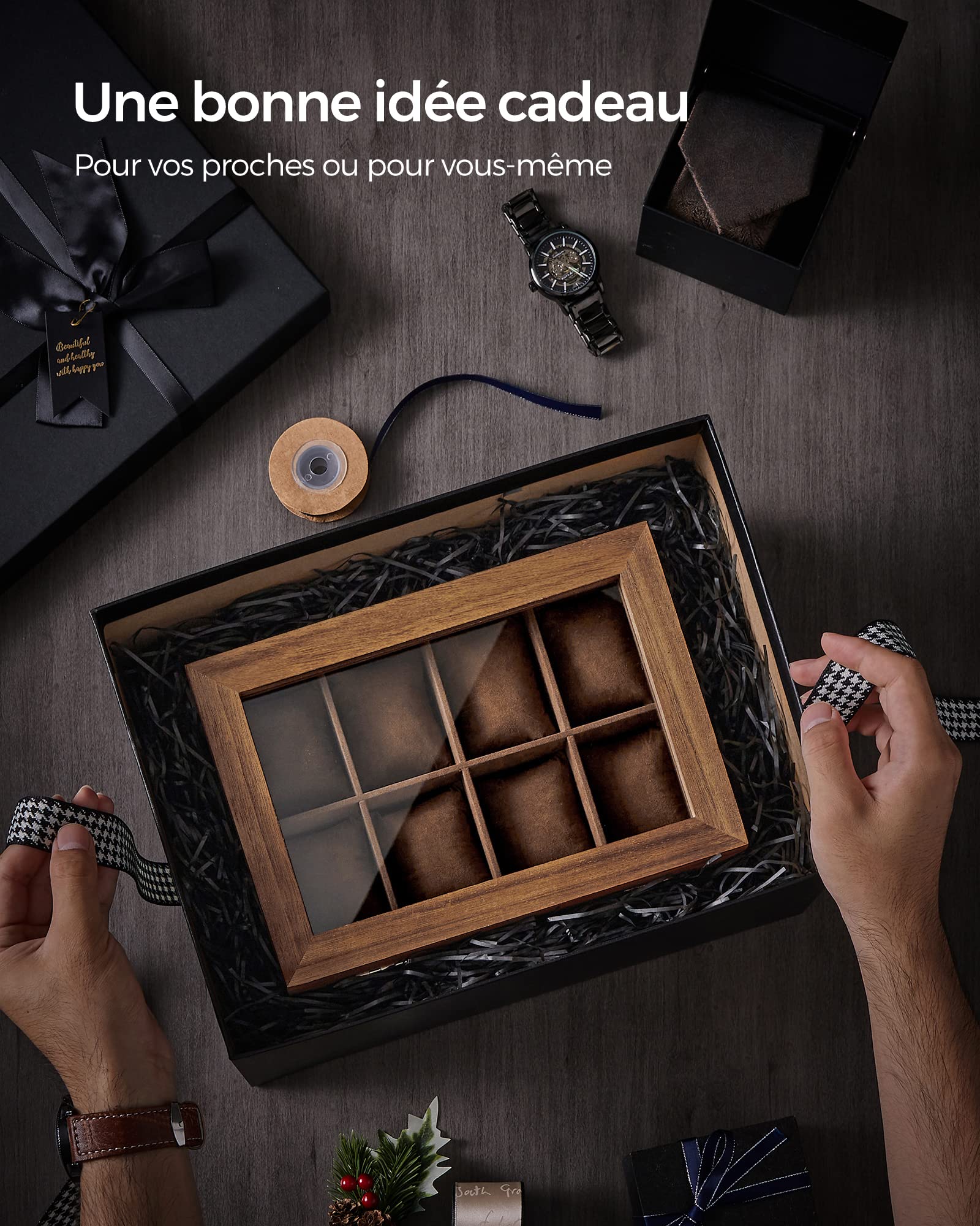 SONGMICS Boîte à Montres 8 Emplacements, Écrin à Montres en Bois, avec Couvercle en Verre, Coussinets pour Montres, Doublure en Velours, Coffre à Bijoux, Couleur Noisette JOW008K01