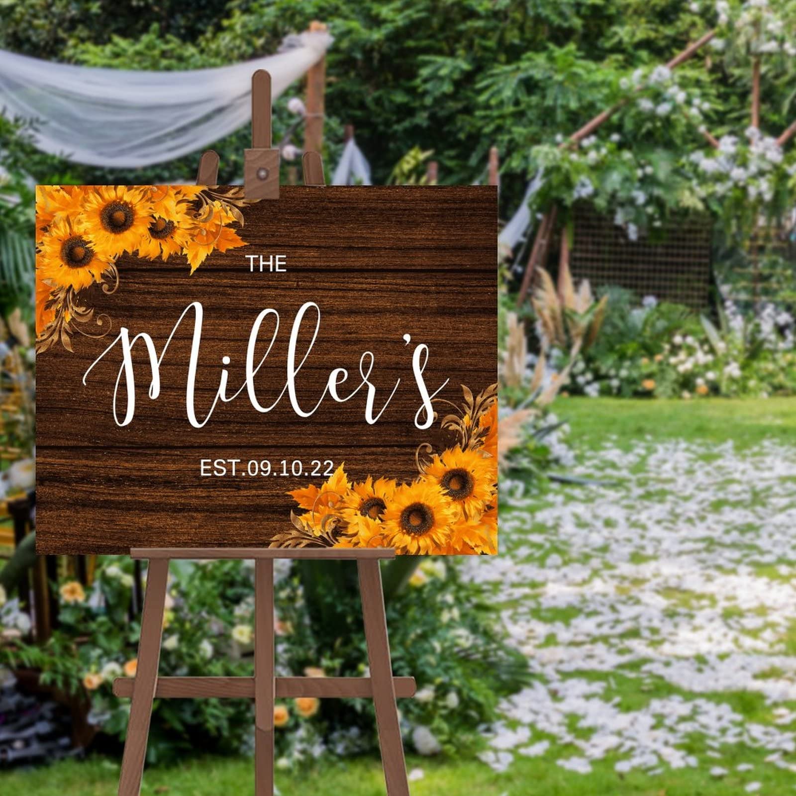 Panneau en grain de bois jaune tournesol pour mariage avec inscription « Welcome To Our Wedding » Fabriqué sur mesure à n'importe quelle date Parfait pour les fêtes prénuptiales, les mariages,