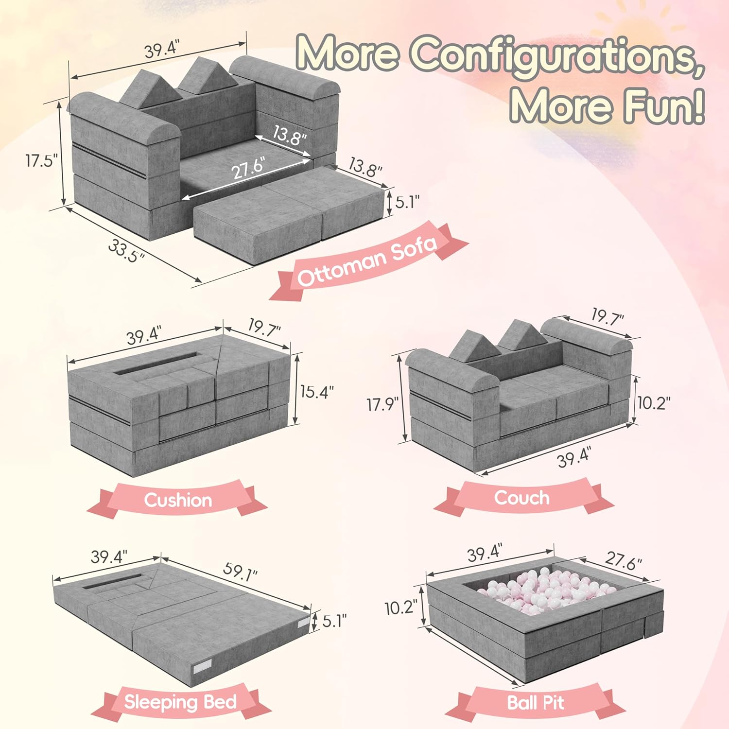 TOLEAD Modular Play Couch Toddlers' Sofa 12 pcs Convertible Foam Couch Kids Sectional Sofa for Playroom Bedroom, Grey