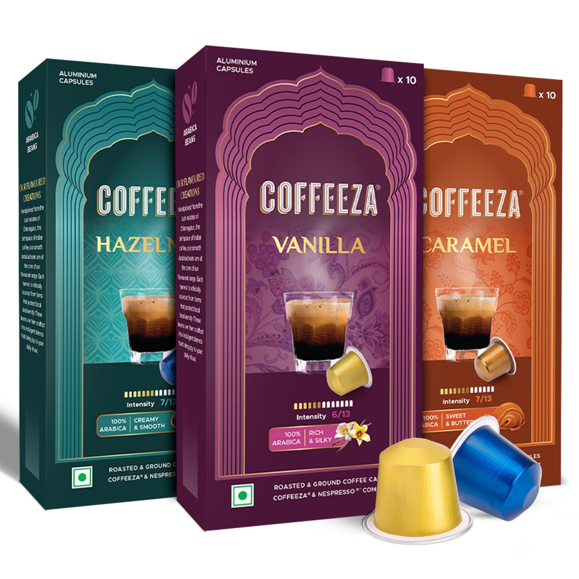 COFFEEZA Flavoured Variety Pack Coffee Capsules - Aluminium Coffee Pods, Box Of 3 (30 Capsules) - 55 Gm