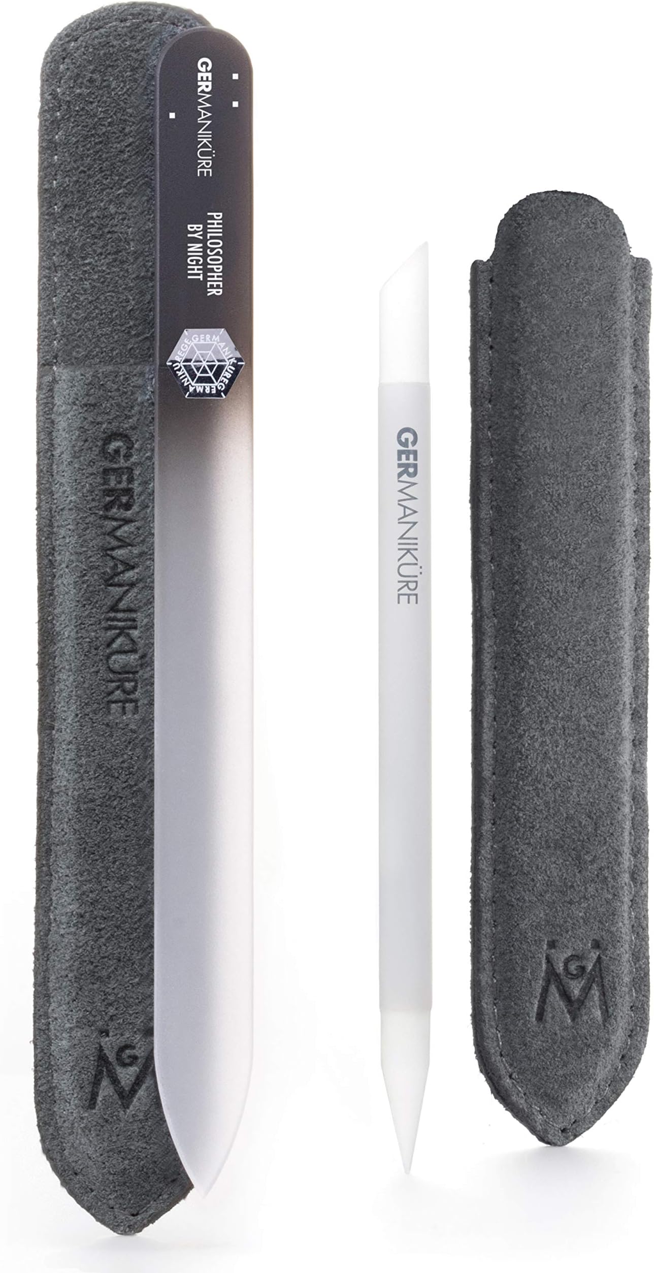 2 Pc Glass Bundle - Crystal Glass Cuticle Stick & Philosopher by Night Nail File in Suede Sleeves – Handmade in Czech Republic – Pro Manicure Supplies – Cuticle Pusher, Callous Remover