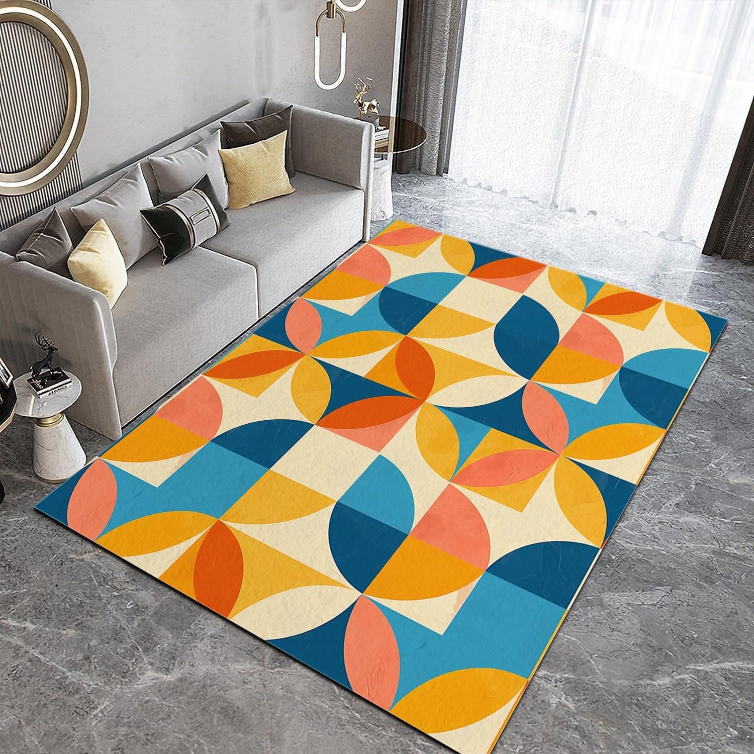 Tapis vintage années 70 coloré géométrique en grand format 200x200 cm haut de gamme