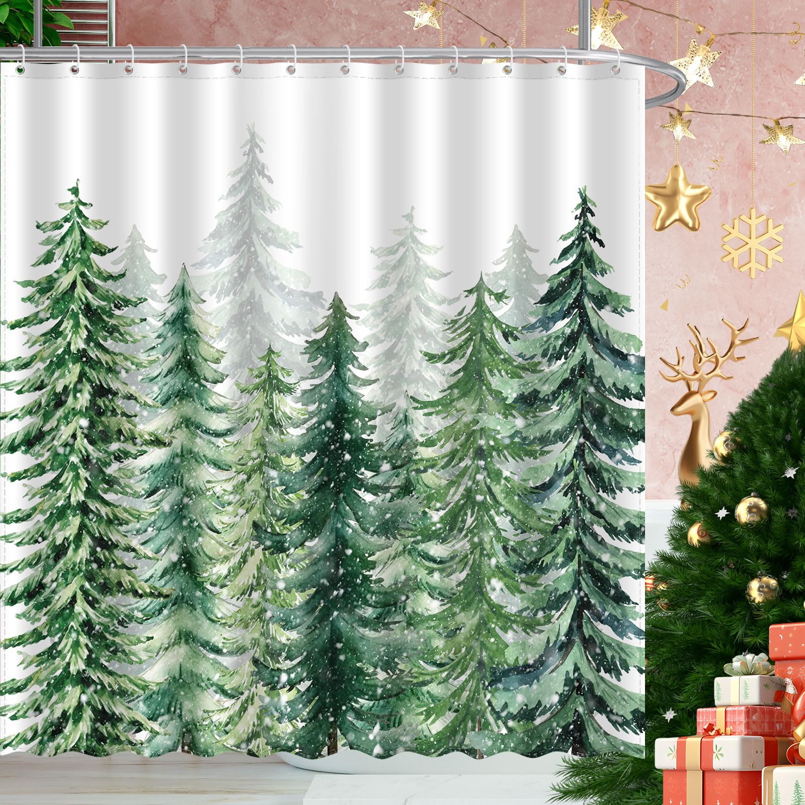 ACZHHZC Christmas Snowy Forest Shower Curtain, Winter Xmas Pine Tree Snow Home Holiday Bathroom Decor, Polyester Cloth Fabric Bath Curtain with 12