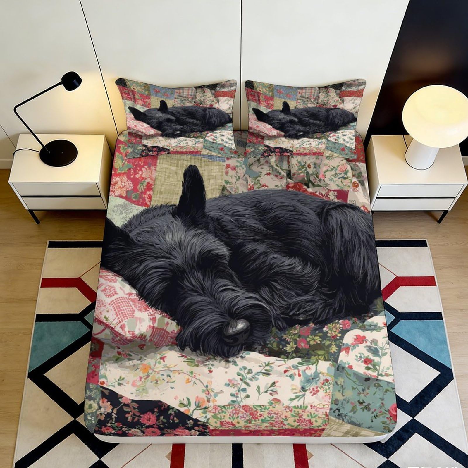 3D Printed Black Scottish Terrier Fitted Sheet Microfiber Floral Patchwork Mattress Cover Bedroom Dorm Decor 115 180x200x25cm