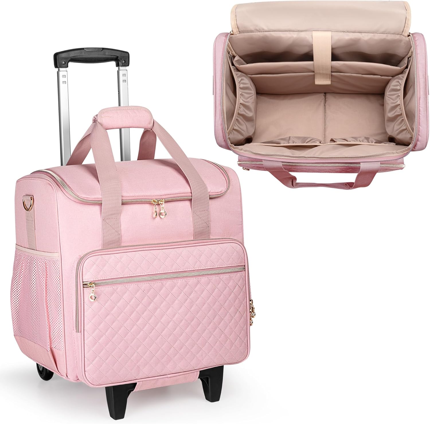 LUXJA Rolling Teacher Bag with Laptop Compartment and Detachable Dolly, Multifunctional Rolling Teacher Tote Bag (Patent Pending), Pink