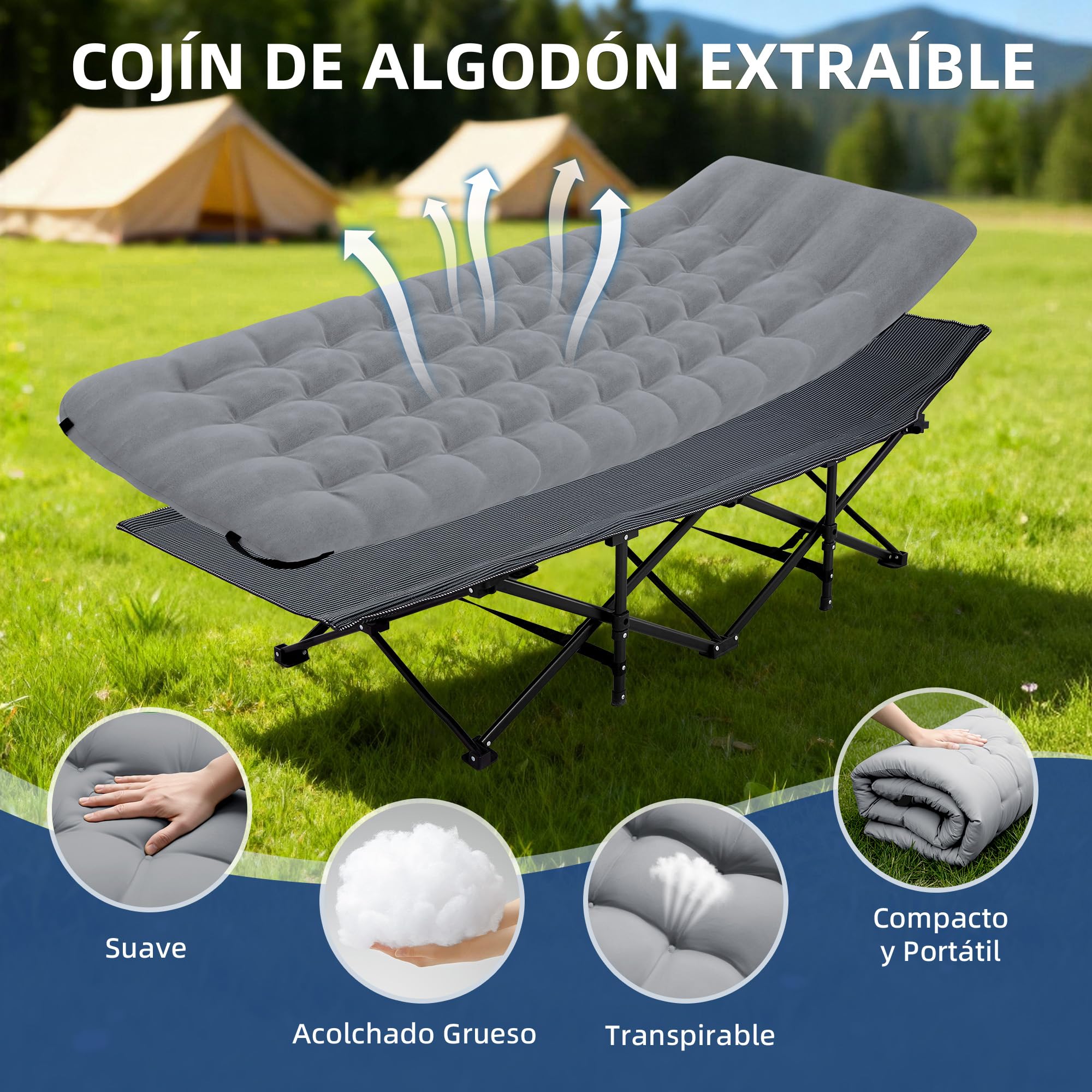 Palawano Cama de Camping Plegable para Adultos con Colchón, 190 x 71 cm, Cama Portátil de Acero con Tela Oxford 600D, con Bolsa de Transporte para Camping, Viaje, Invitados y Oficina