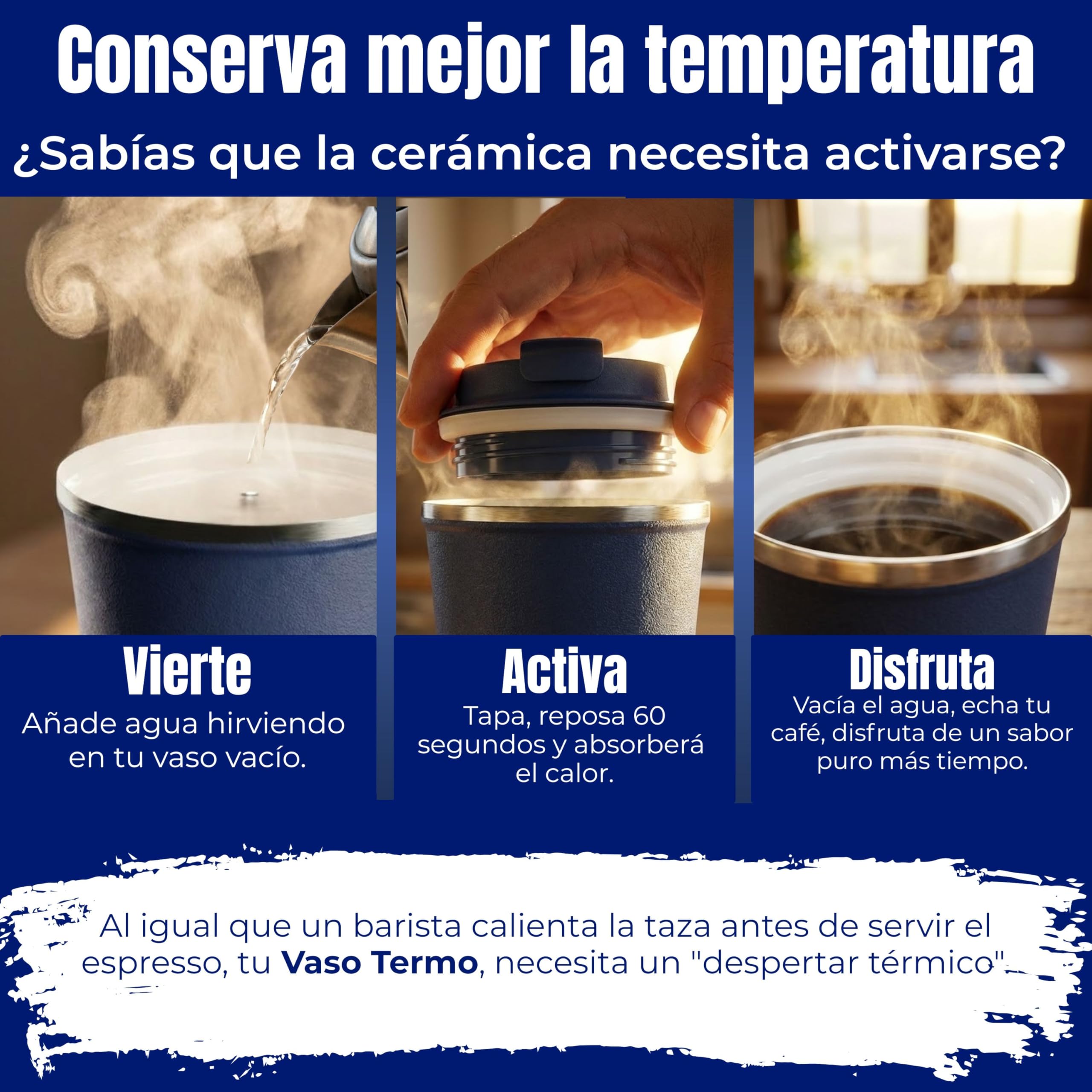 Quodelo Taza Termica Cafe para Llevar 350ml con Interior Cerámico - Vaso Termico Cafe Hermético de Acero Inoxidable, Taza Oficina Antivuelco y Termo Cafe Pequeño con Cepillo - Azul Marino