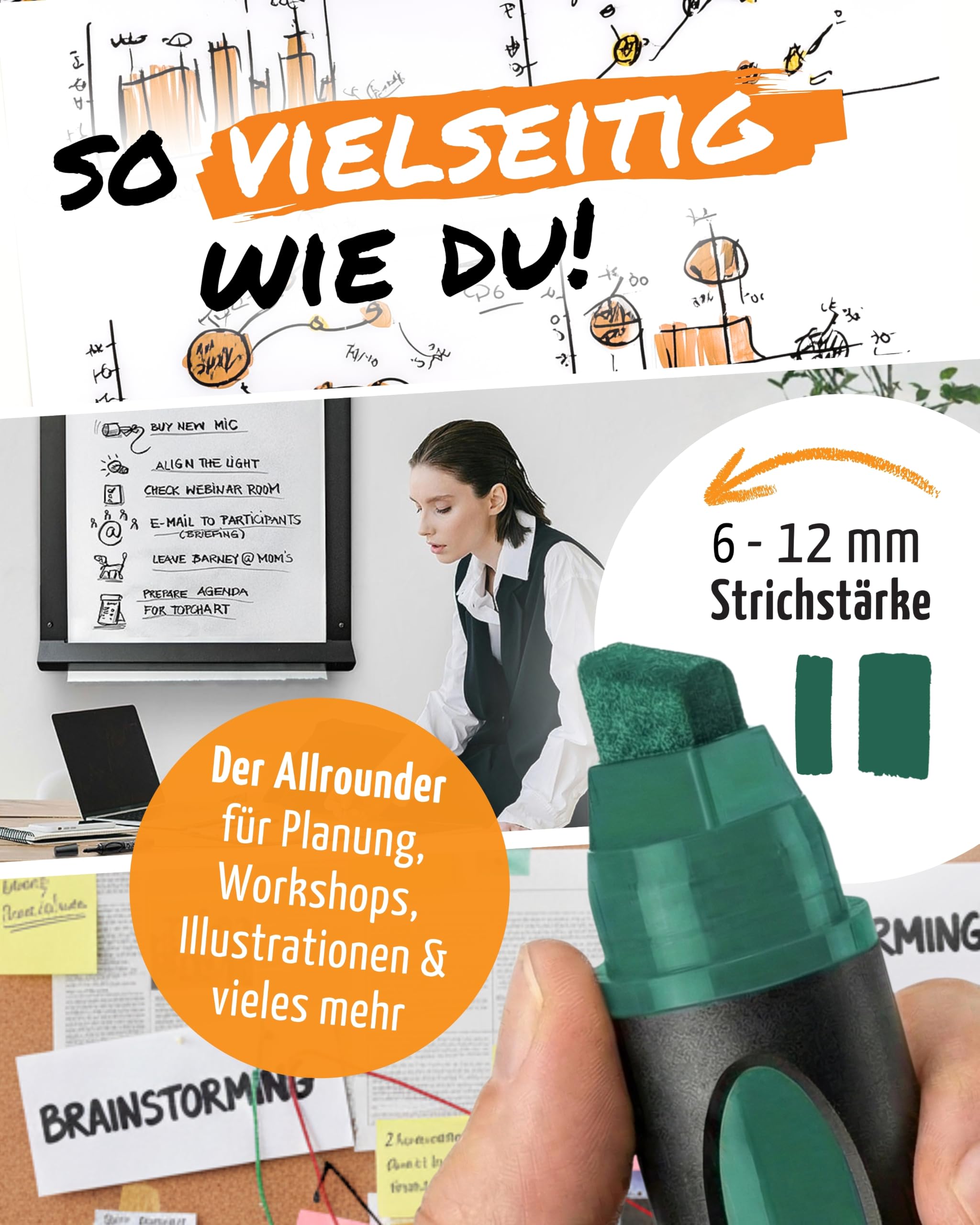 Neuland BigOne® 10er-Set Basic Tones 1 I Große Moderationsmarker mit Keilspitze 6-12 mm I Farbset mit 4x Schwarz 2x Rot 2x Blau 2x Grün I XXL wiederbefüllbare Präsentationsstifte für Flipchart