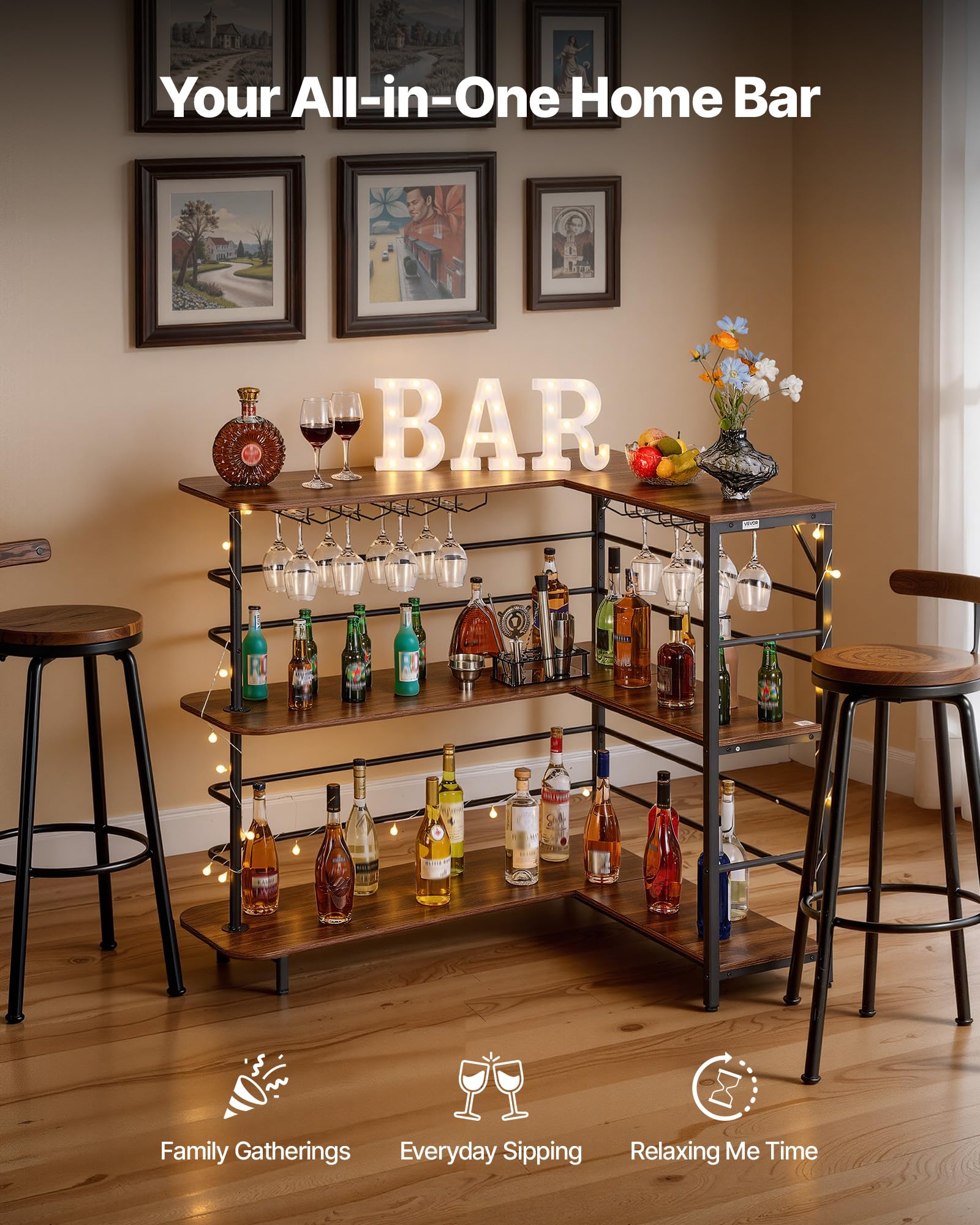VEVOR Meuble Bar d’Angle, Bar de Salon 3 Niveaux, pour Bouteilles Verres Cuisine Maison Pub, Table de Bistro avec Étagères de Rangement et Éclairage LED, Finition Noyer et Structure Métallique