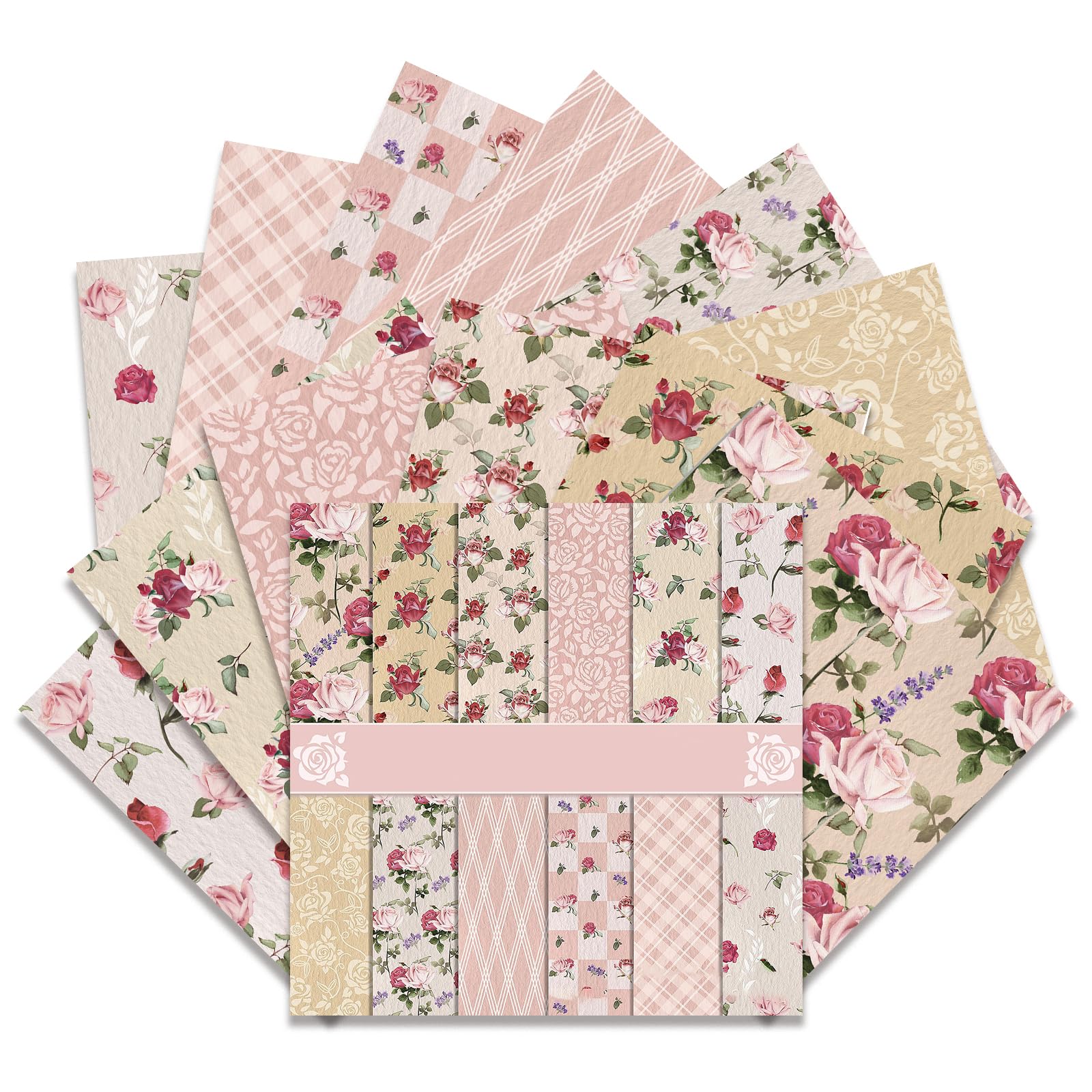 24 Sheet Scrapbook Paper 12x12 Inch, Double Sided Vintage Pink Rose