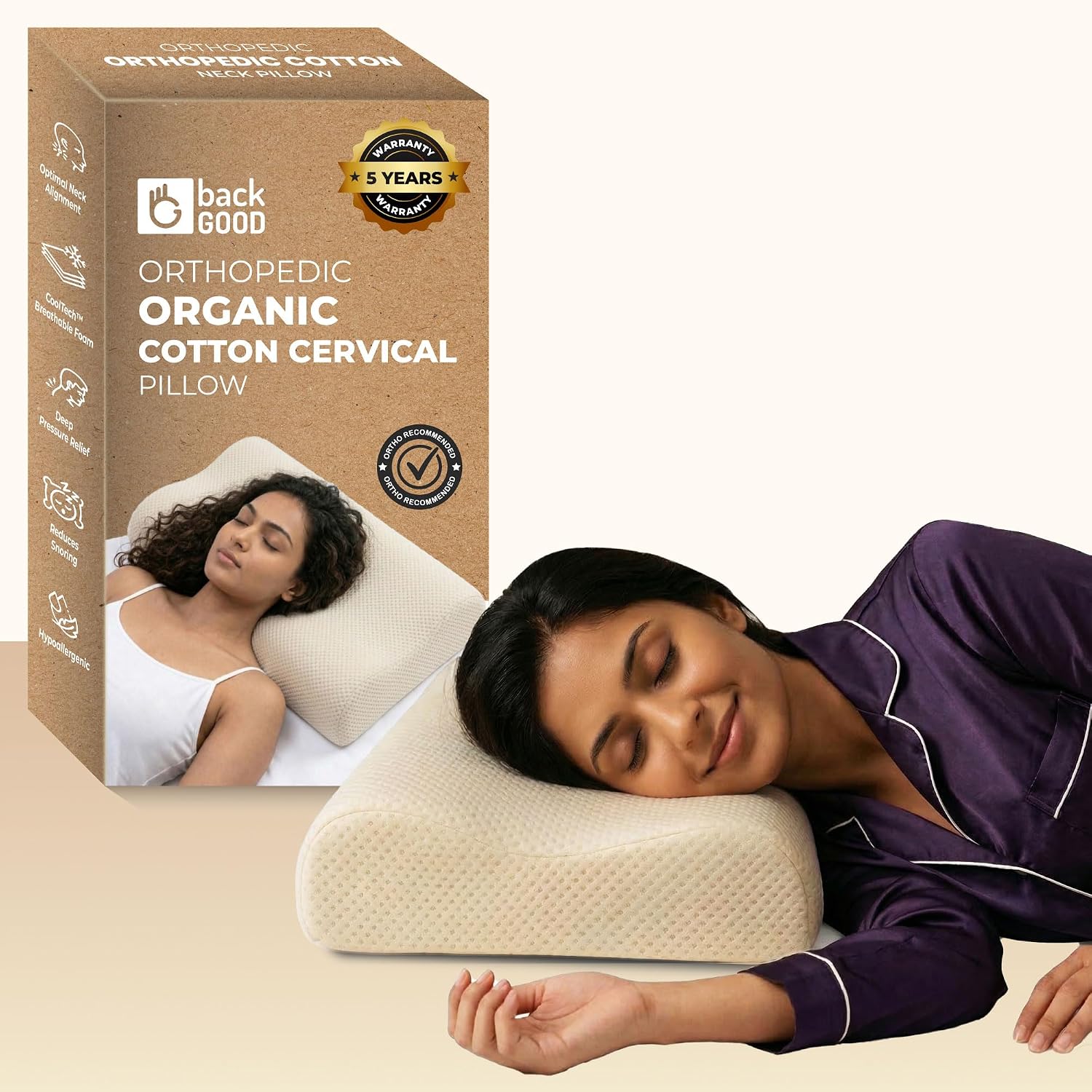 BackGood Organic Cervical Pillow | 5 Year Warranty | Hypoallergenic Memory Foam Pillow for Sleeping,Neck and Shoulder Pain...