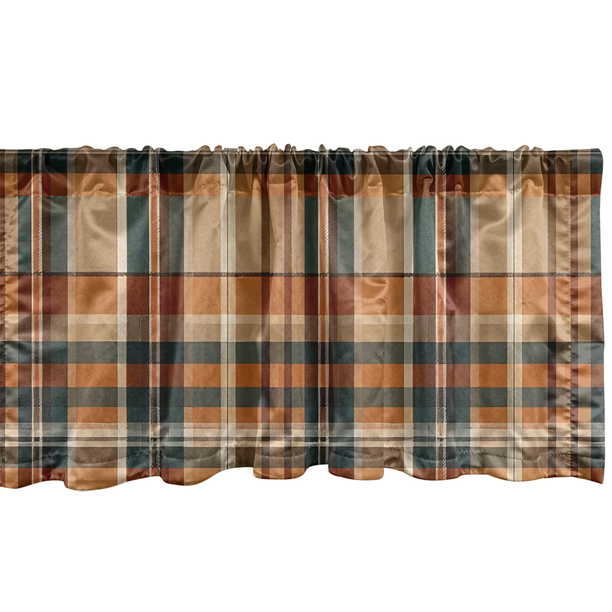 Ambesonne Autumn Plaid Window Valance Pack of 2, Fall Harvest Traditional Buffalo Tartan Lines Thanksgiving Art, Rod Pocket Curtain Valances Kitchen Bedroom, 54" X 12",Orange Tan Grey Teal
