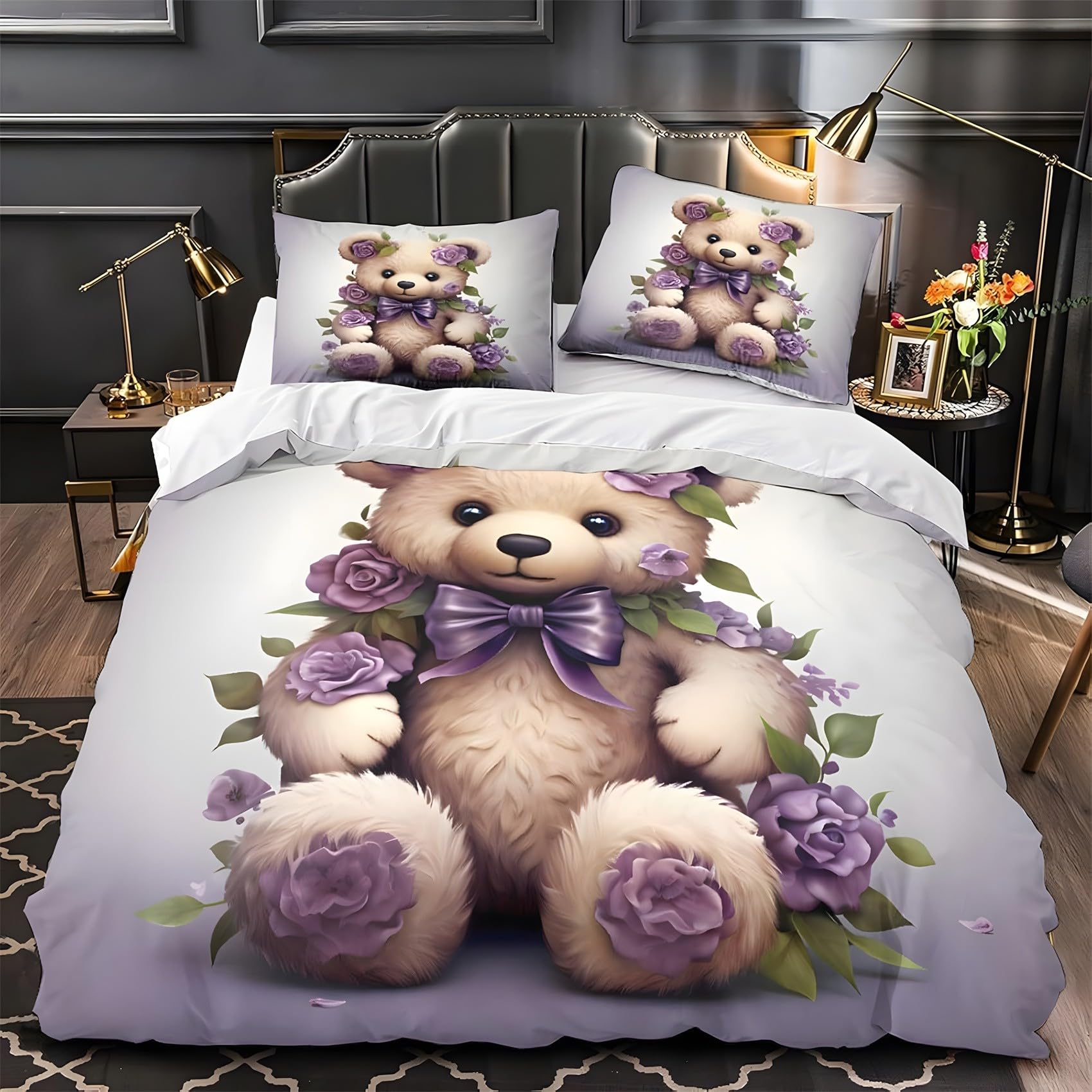 Parure lit microfibre 240x260 ours en peluche housse couette fermeture éclair