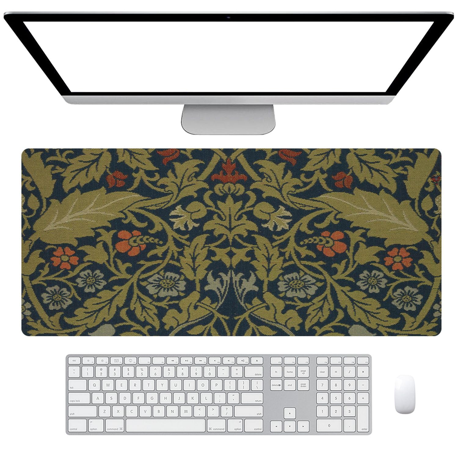 Fchen art William Morris Green Keyboard Mouse Mat,Keyboard Mouse Mat Desk Pad with Stitched Edges,Keyboard Pad XL Mouse Mat for Home and Office,Mouse Mat for Home and Office
