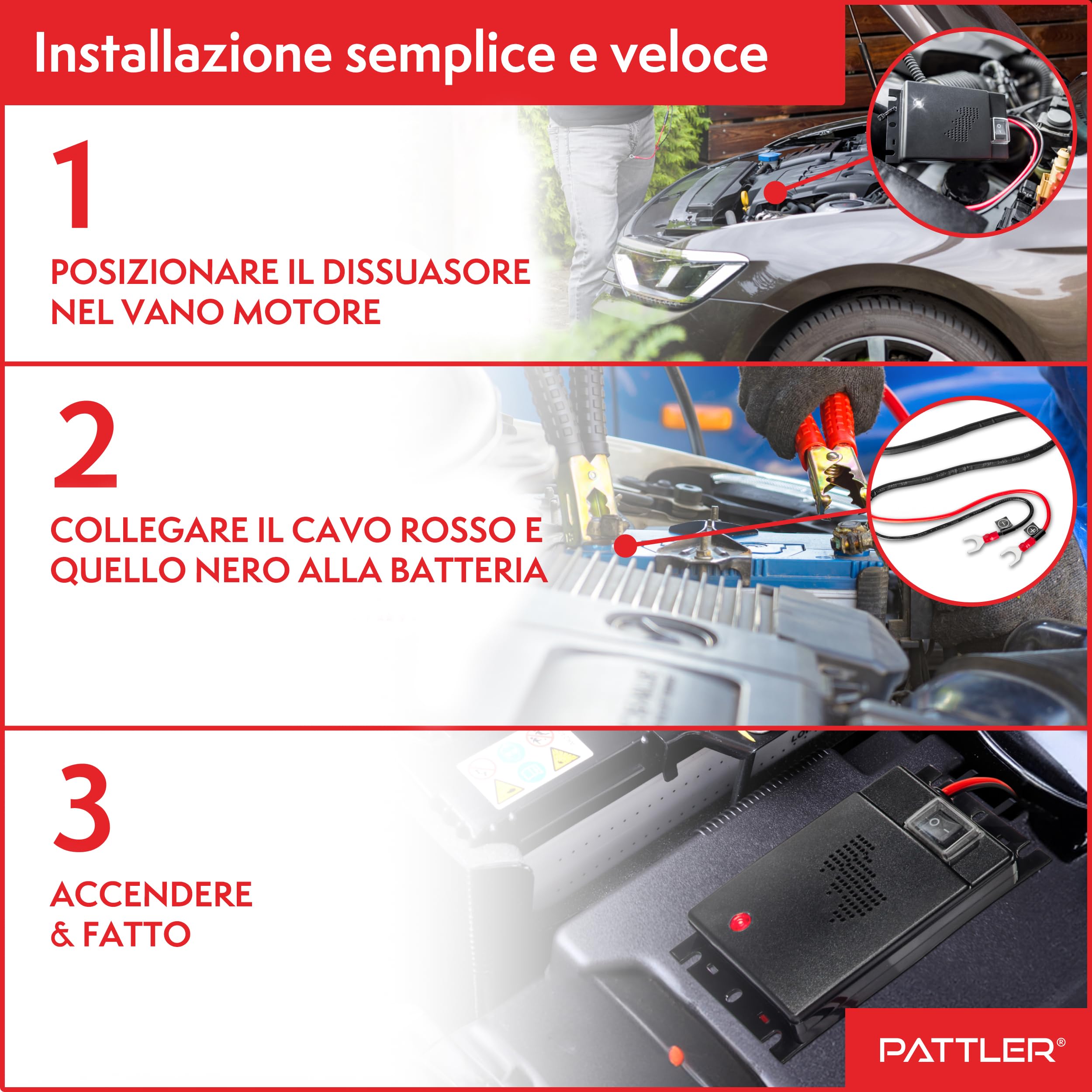 PATTLER Anti Martora per Auto con Ultrasuoni - Protezione Immediata e a Lungo Termine Contro Le Martore nel Vano Motore - Funziona con Batteria Auto a 12V - 1 Pezzo